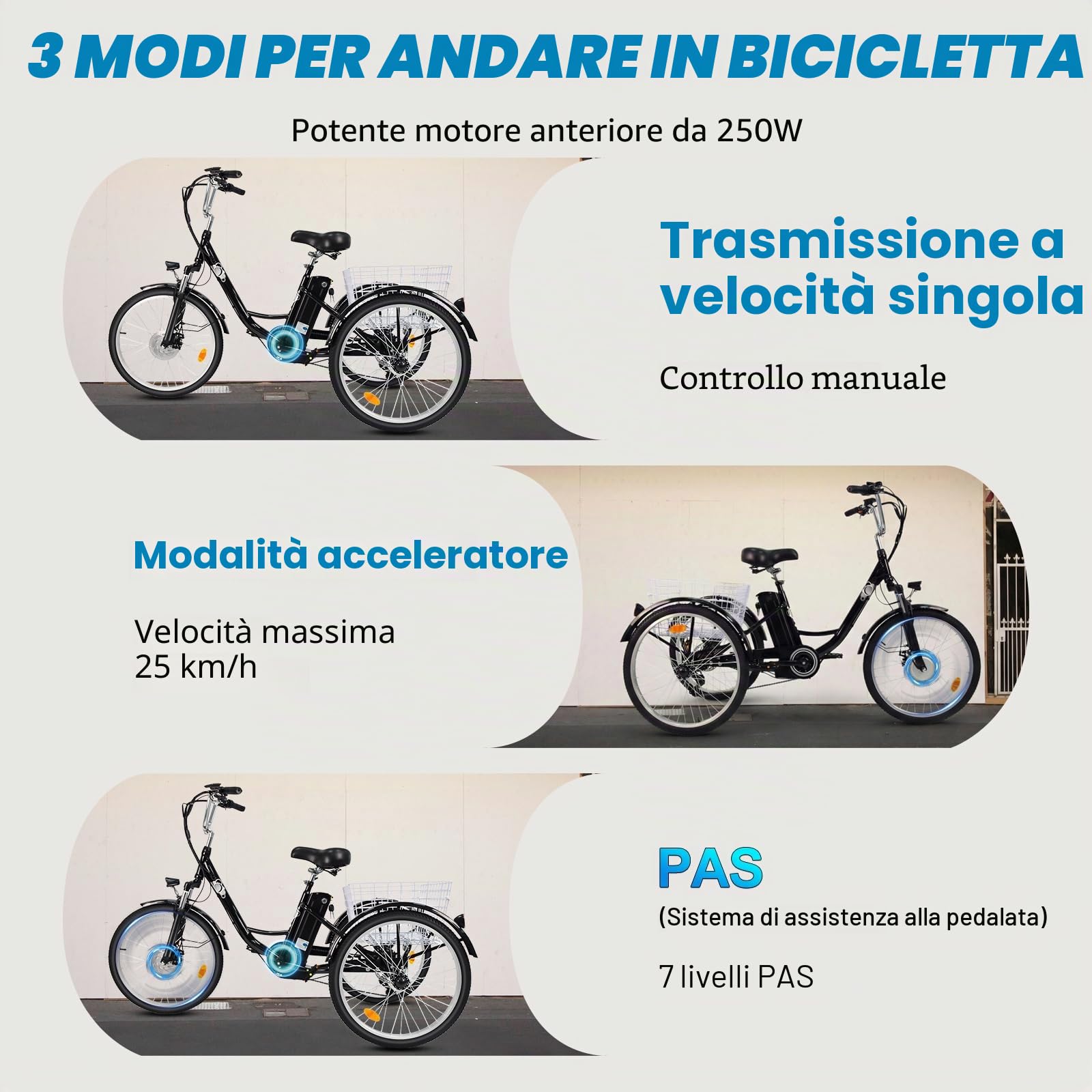 Triciclo Elettrico da 24 Pollici per Adulti, Triciclo a 3 Ruote da 7 Marce per Senior con Cestino, con Display LCD G51, Triciclo Elettrico da 36V 15Ah per Senior, Triciclo per Escursioni