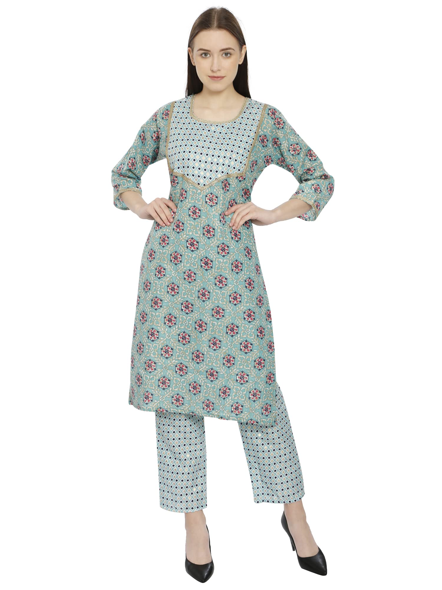 InTrend Forever Women's Cotton Blend Foil Print Kurta Pant Set | Kurta Set |Readymade Ethnic Wear Set for ladies | Colours- Blue Green Pink Brown | Size - Small to 7XL
