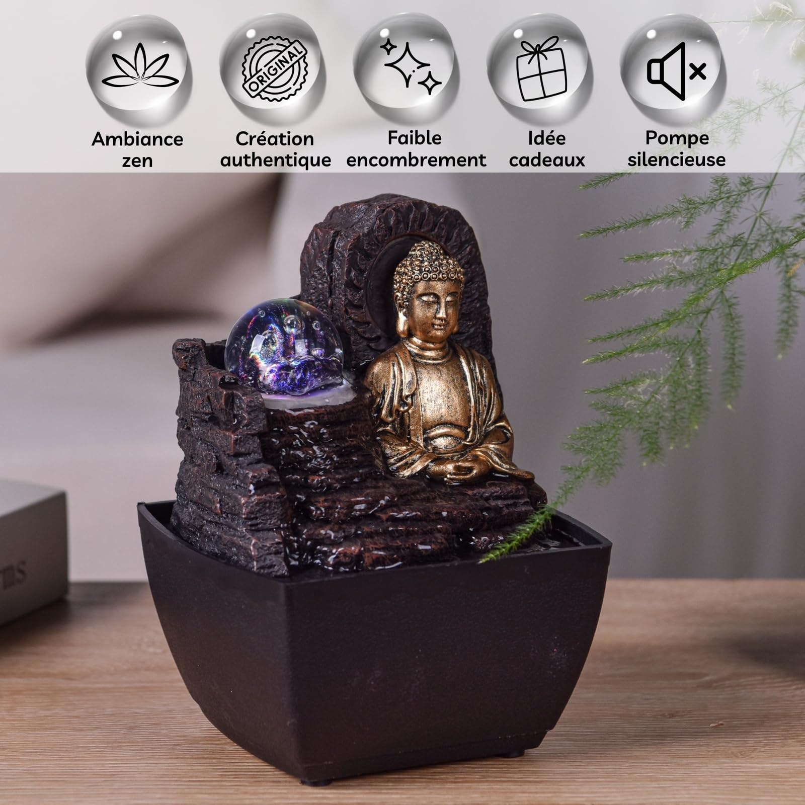 Fontanna Zen Budda Kolorowe światło LED - Dekoracja Zen Spirit - Obiekt szczęścia Feng Shui - Fontanna stołowa - Inteligentny i przydatny pomysł na prezent w niskiej cenie - wys. 18 cm - Theravada
