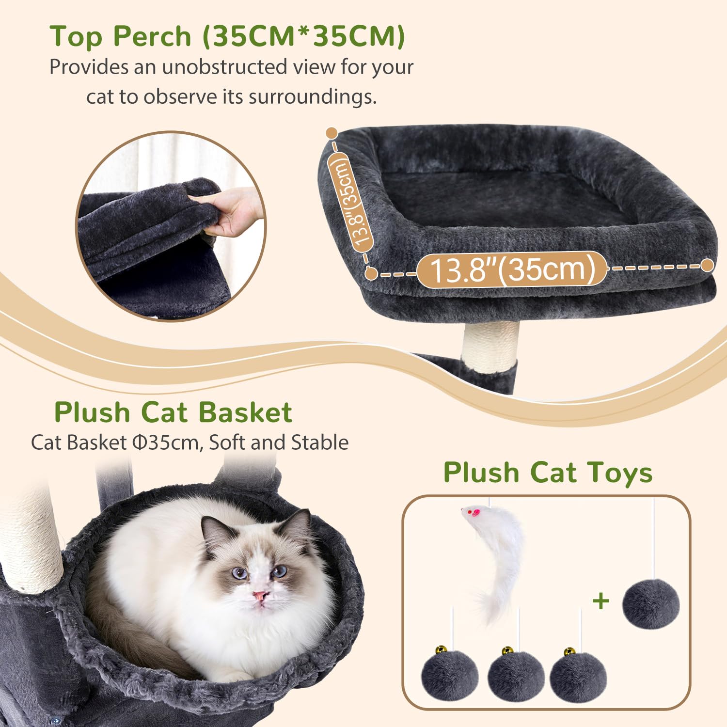 Globlazer Árbol Rascador XXL para Gatos Grandes 203 cm con 2 Nidos Grande 45*40*35cm, 3 Plataforma Amplio, Tablero Sisal, Cesta, Enorme Arbol Rascador para Gatos Adultos Interior (F80E, Gris Oscuro)