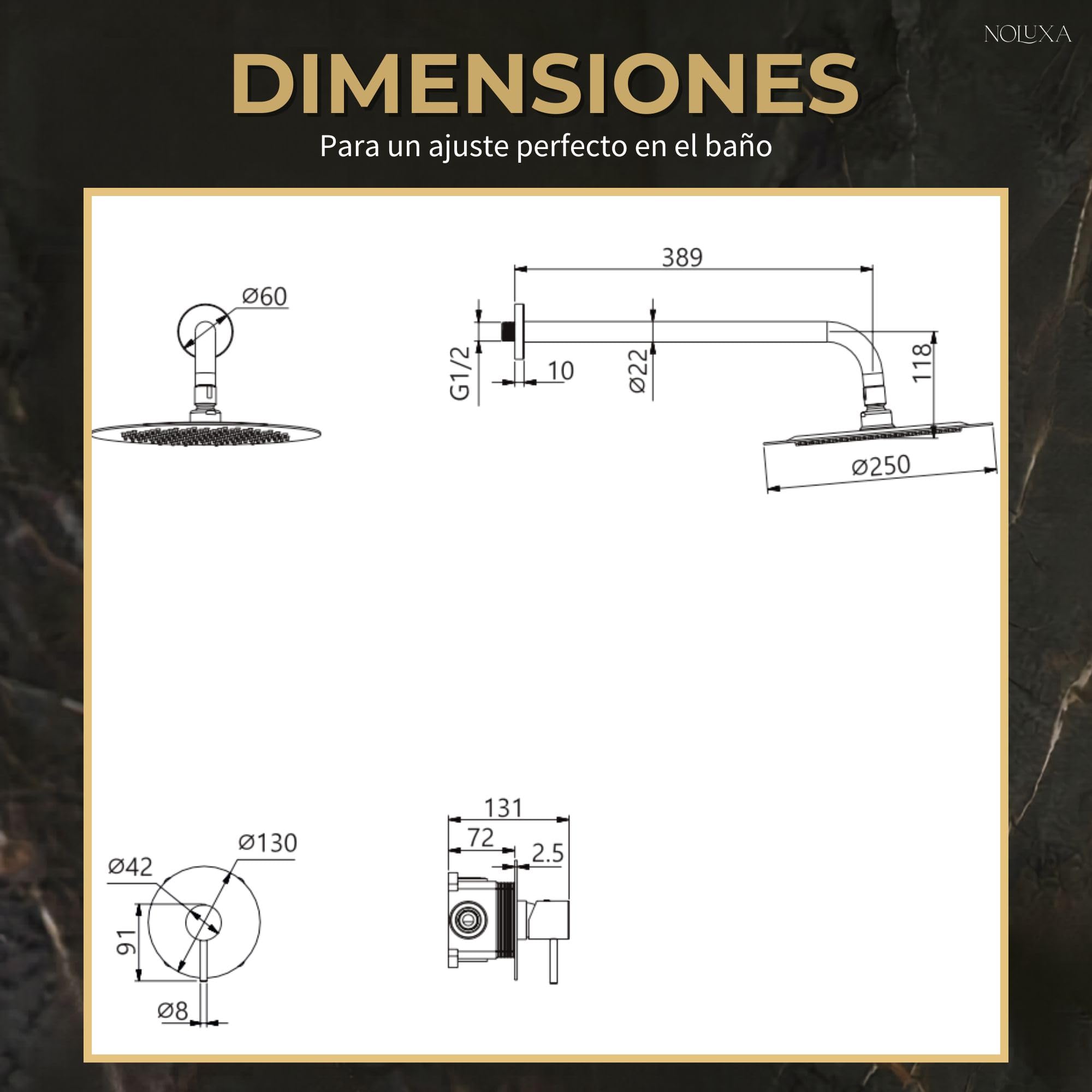 IMEX - Ducha Empotrada Oro Monomando | Conjunto de Grifería Empotrado con Rociador Antical Efecto Lluvia Dorada | Columna Ducha Empotrada con Grifo en Latón y Acero Inox S.304 (SIN ALCACHOFA)