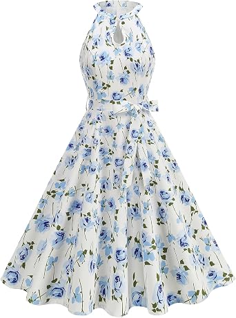 Womens 1950s Retro Dress Halter Floral Print Ruffle Midi Dress with Belt Cocktail Rockabilly Dresses