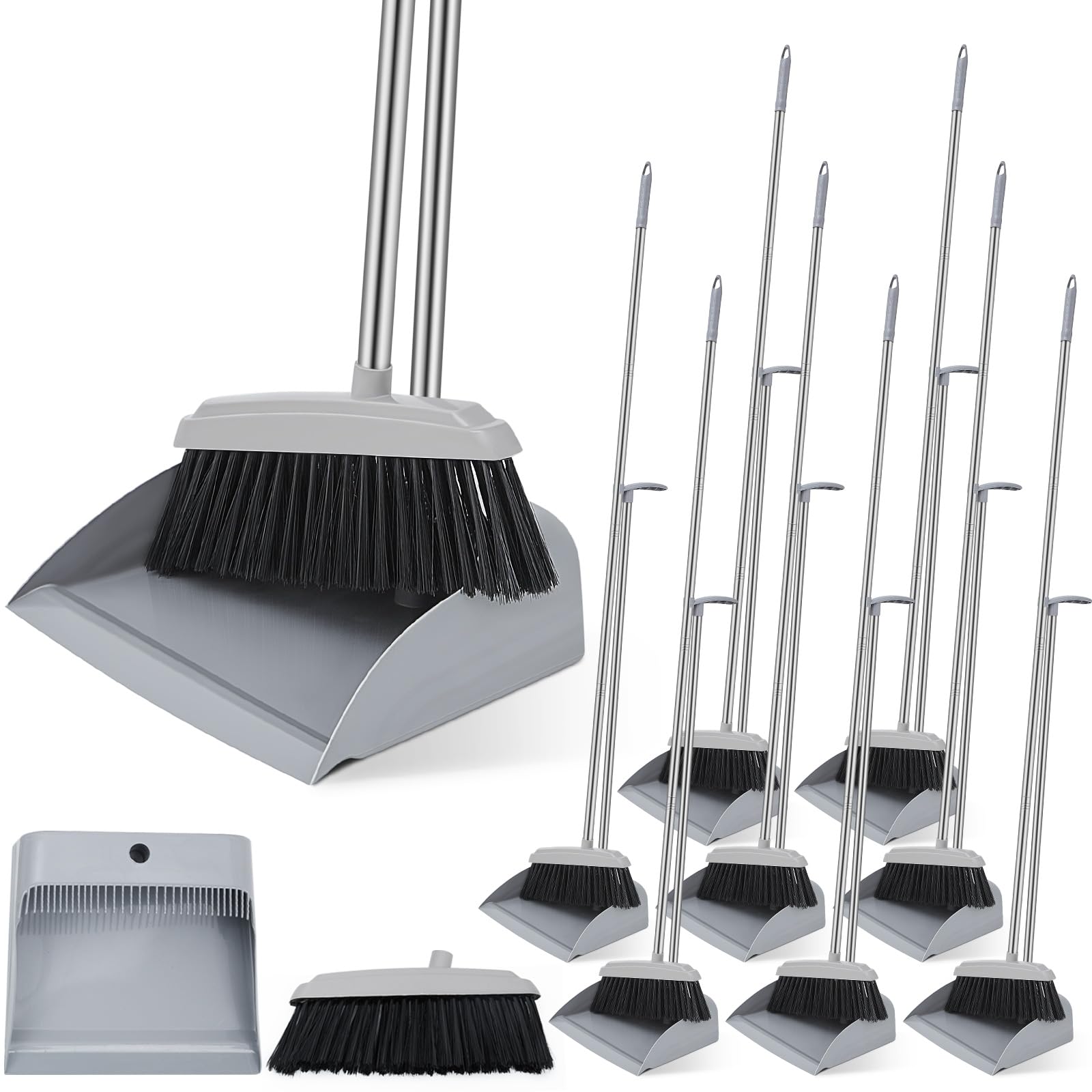 Tioncy 8 Set 16Pcs Broom and Dustpan Set 53 Inch Broom with Dustpan Combo Set Dustpan Broom Set with Long Handle Upright Stand up for Office Home Kitchen Lobby Floor Cleaning (Gray)