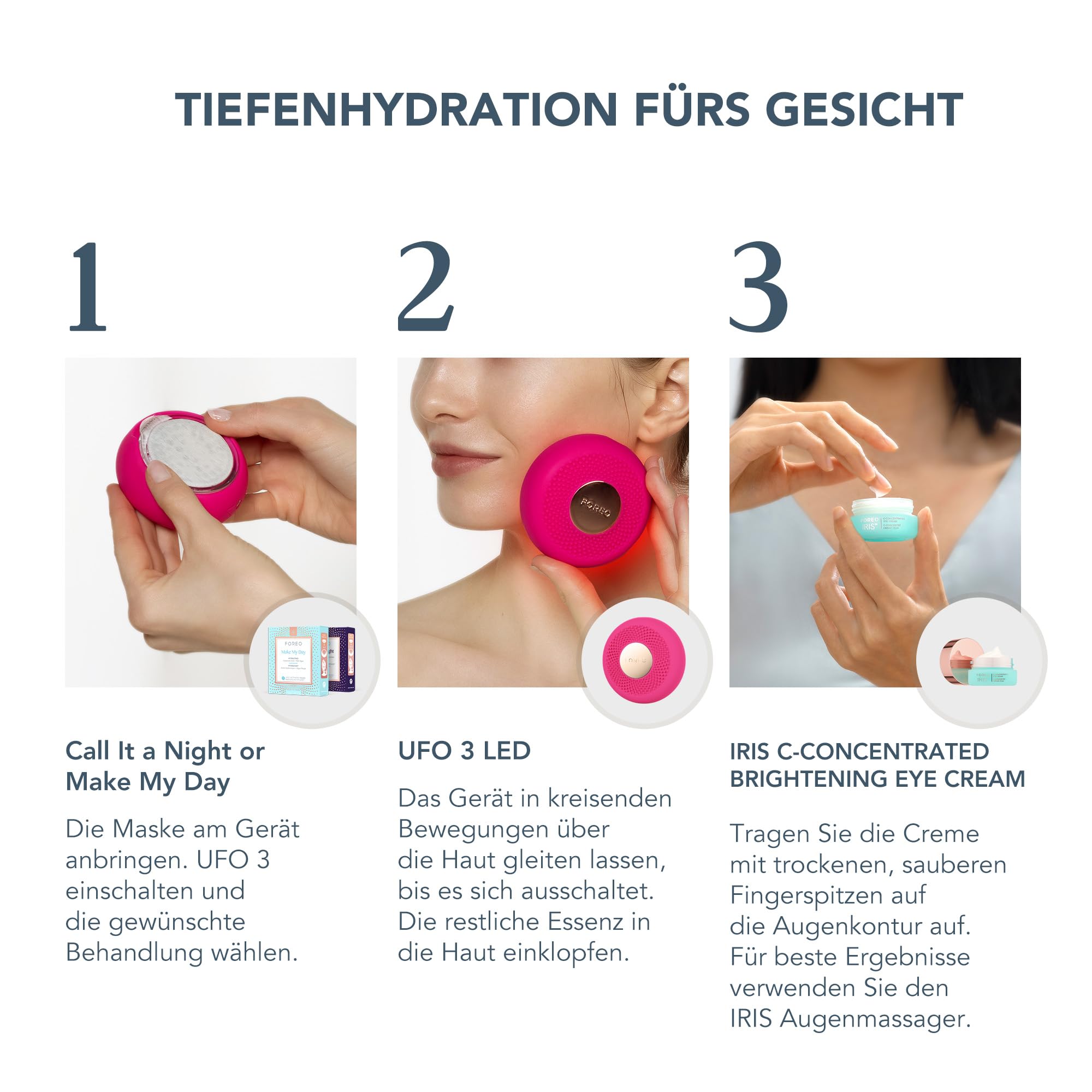 FOREO LED to Lovely UFO 3 LED Set - Masken-Hautpflegegerät + 14 UFO-aktivierte Masken + IRIS Aufhellende C-Konzentrat-Augencreme, 15 ml - Pflege