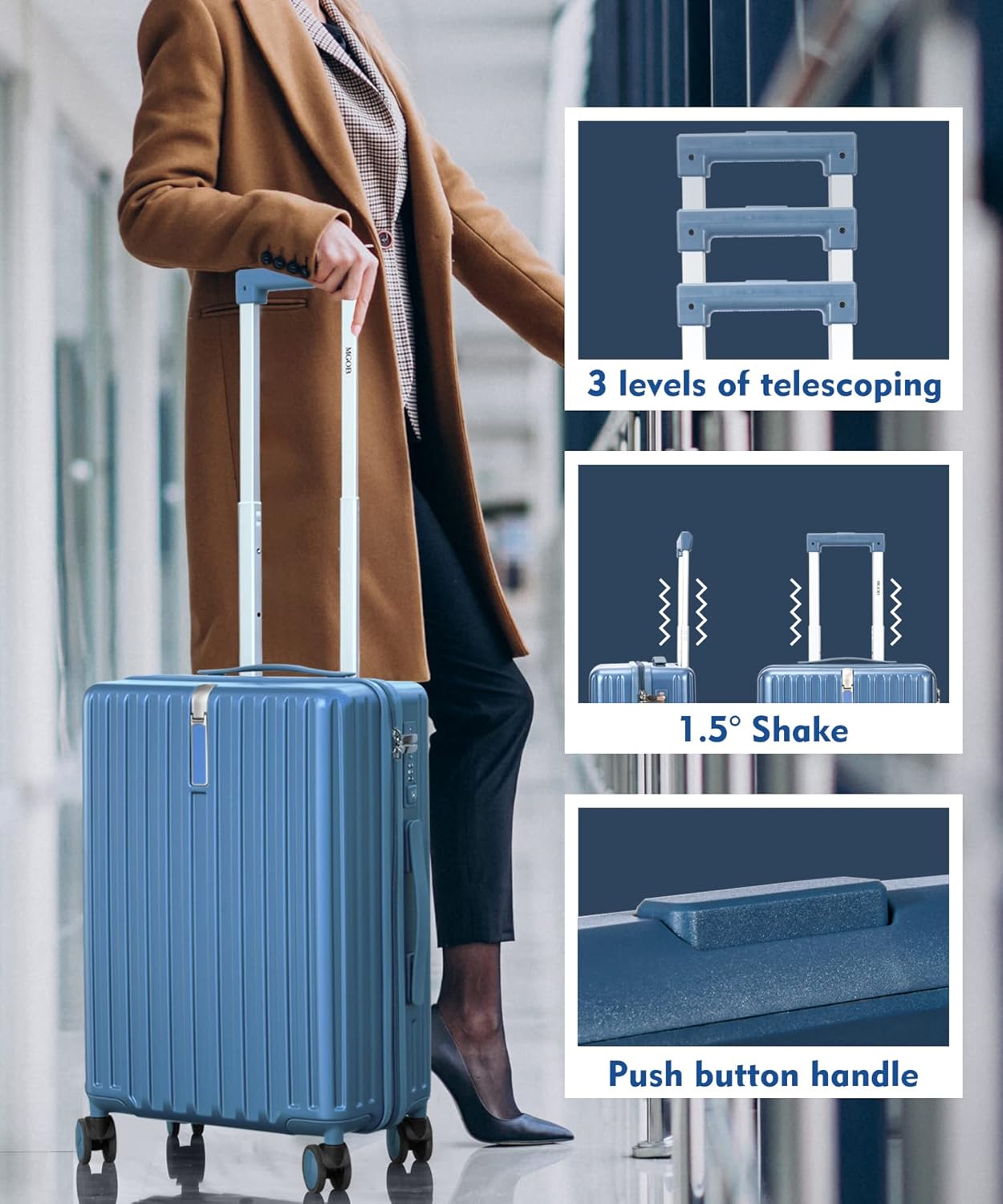 review MGOB Carry On Luggage, Carry On Suitcase with Spinner Wheels, 100% PC Hard Suitcases with TSA Lock, 20 x 13.5 x 8.5 Airline Approved(Caribbean Blue)