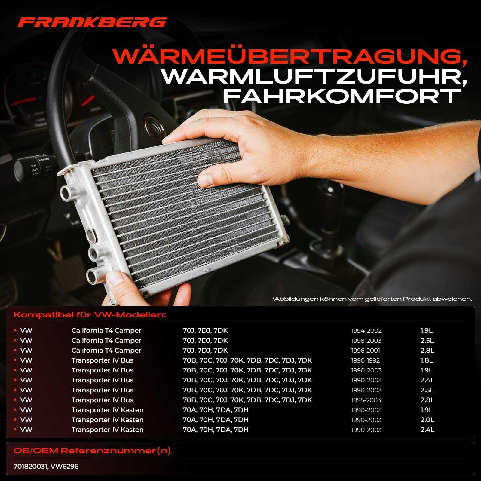 Frankberg Wärmetauscher Innenraumheizung Kompatibel mit California T4 Camper 70J 7DJ 7DK 2.5L 2.8L Benzin 1996-2003 Transporter IV Bus 1.9L-2.5L Diesel 1990-2003 Replace# 701820031