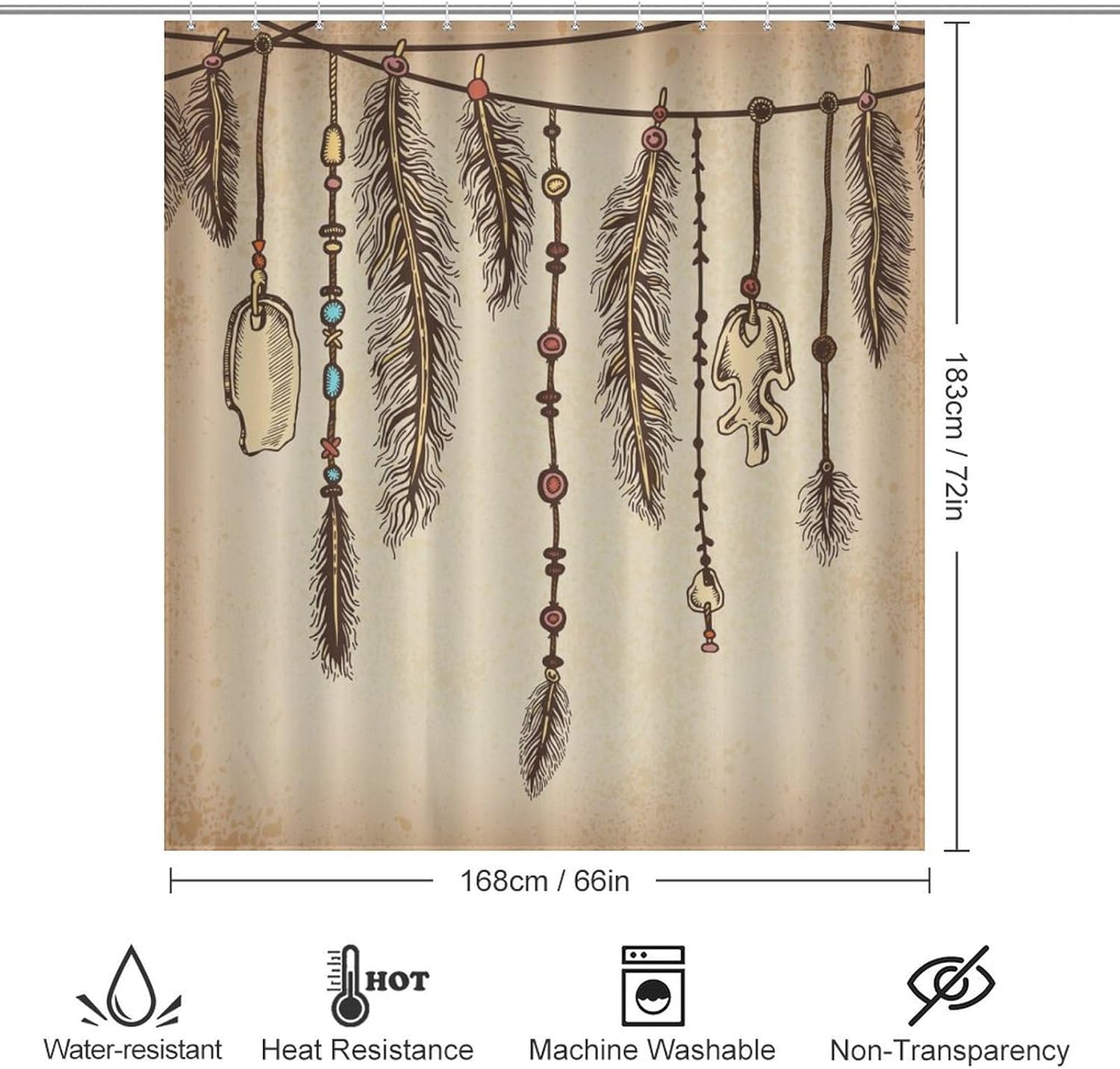 Indian Tribe Feather Shower Curtains, Retro Nationality Decor Pattern Vintage Yellowed Backdrop Bath Drapes Set with Hooks, Waterproof Fabric Windows Treatment for Bathroom, 66x72in