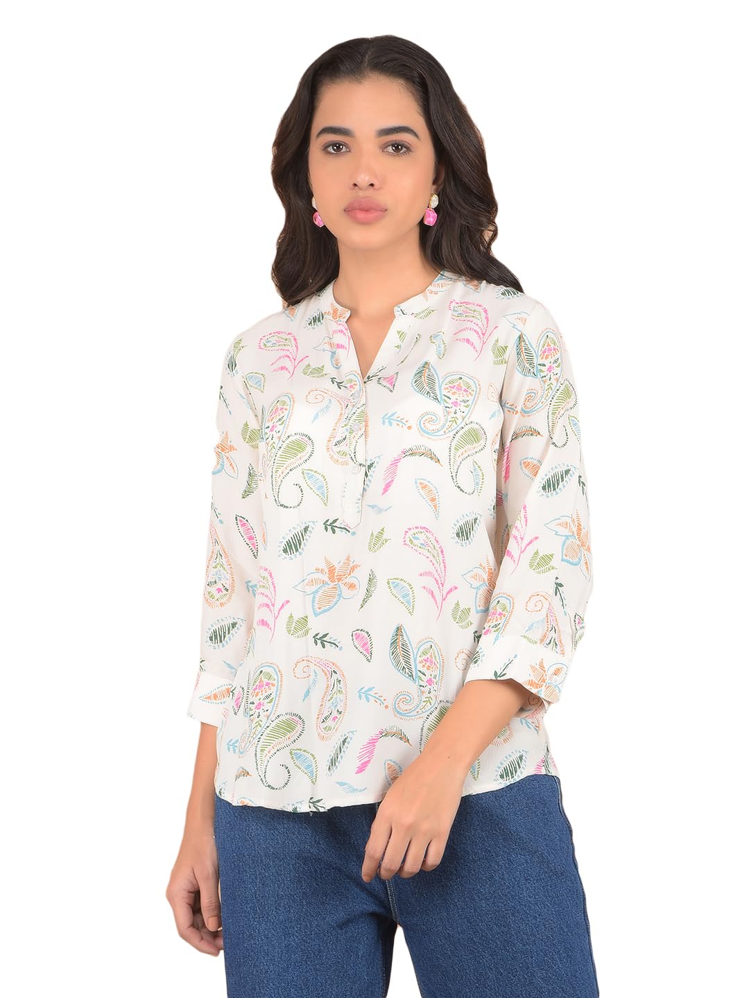 crimsoune club Women's White Floral Print V-Neck Top-picture-27