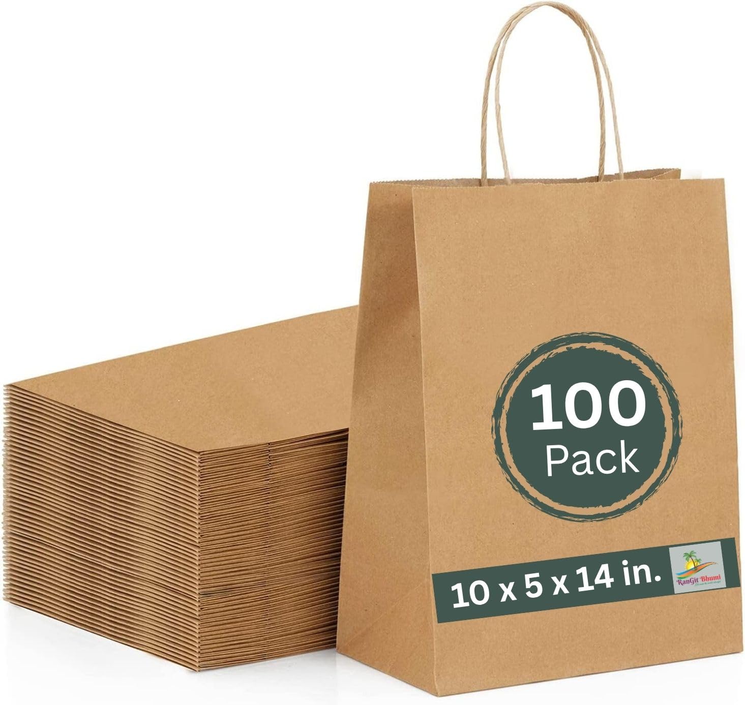 Brown Kraft Paper Bags with Handles- 100pcs 10"x14"x5" Medium Size Bags, Return Gift Craft Paper carry Bag for Shopping Retail Merchandise - Disposable