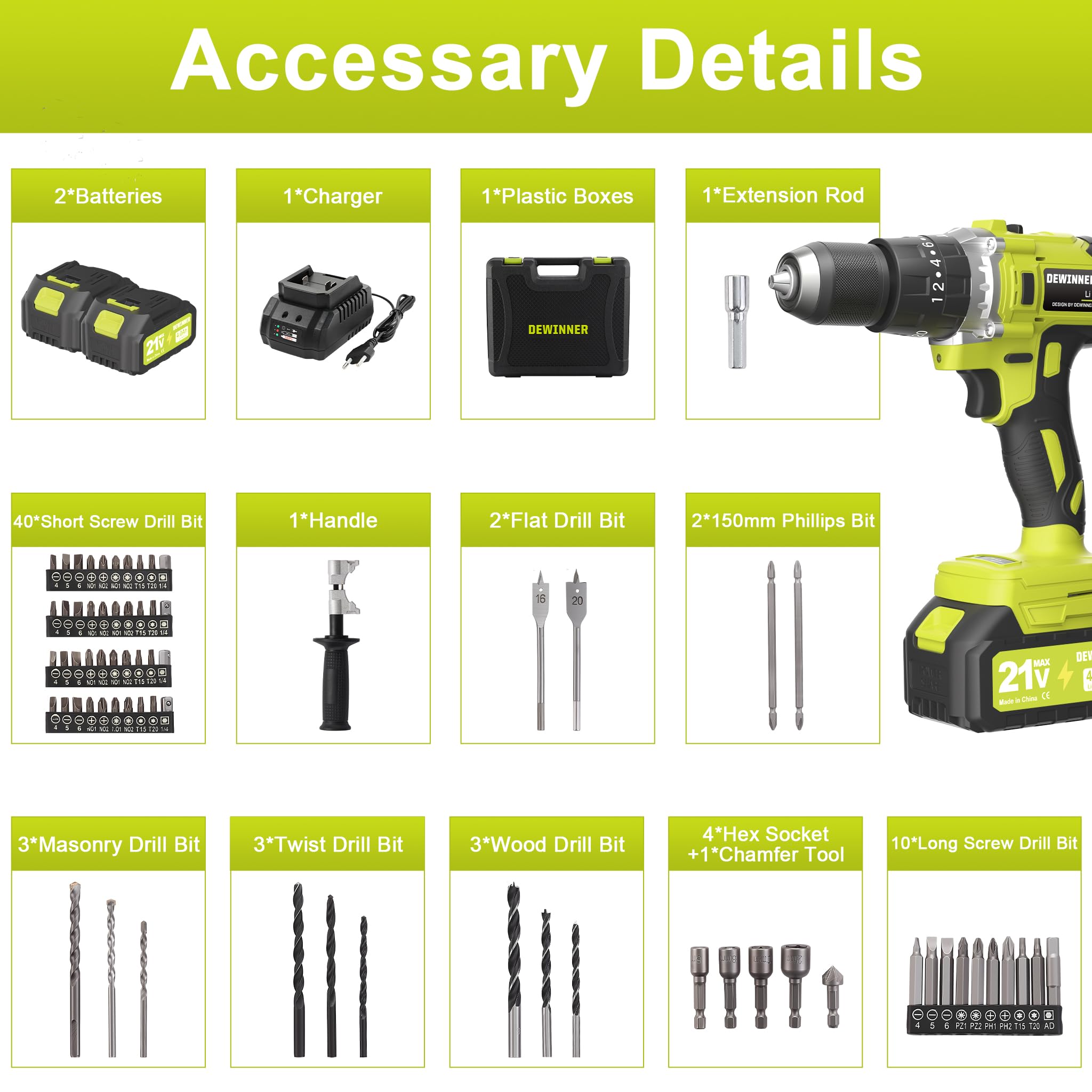 DEWINNER Taladro Atornillador Inalámbrico para Batería Makita de 21V 2 * 4,0 Ah Baterías,130 Nm Taladro Percutor Bateria,20+3 Configuraciones de Par,2 Velocidades, LED,76 Accesorios y Maletín
