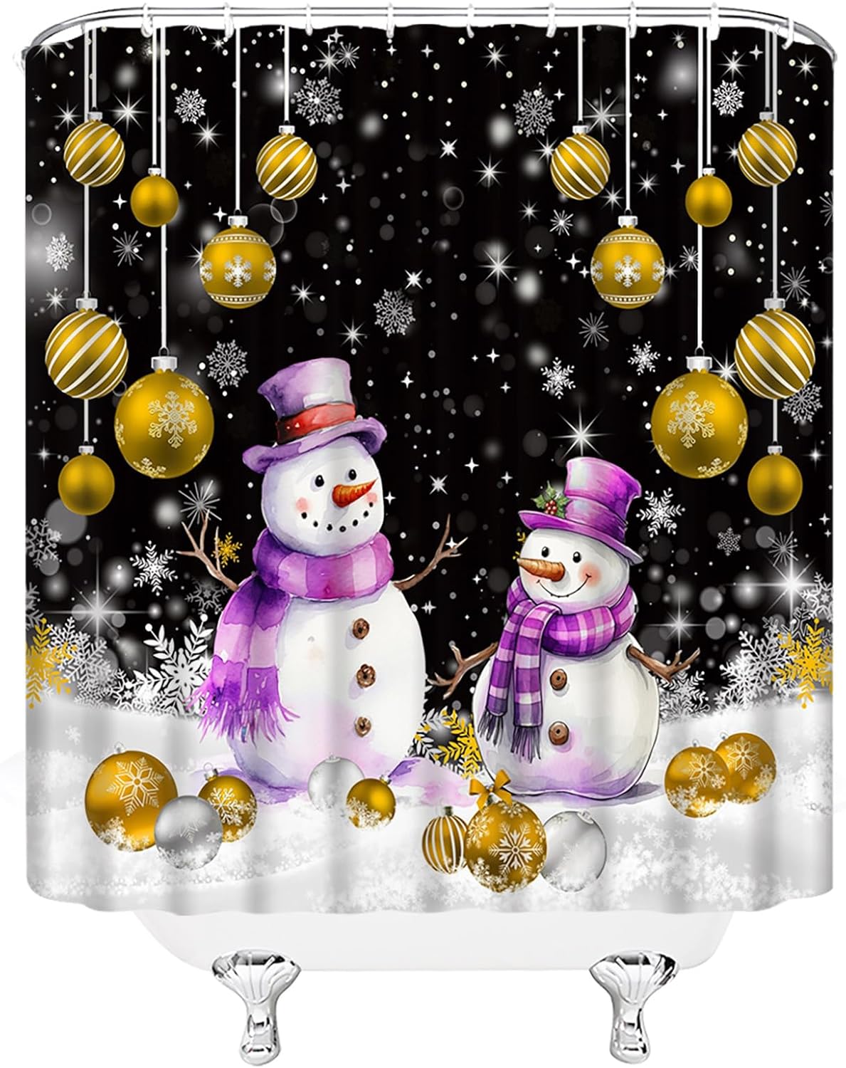 Christmas Snowman Shower Curtain Gold Xmas Ball Cute Snowman Snowflake Funny Winter Holiday Merry Christmas 70" WX96 H Bathroom Decor Fabric Curtain with Hooks