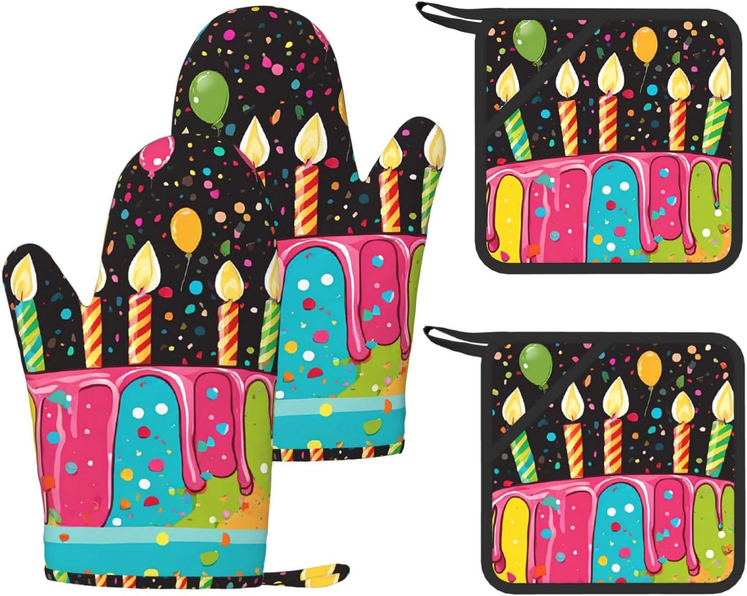 Happy Birthday Big Cake 4pcs Oven Mitts and Pot Holders Sets for Kitchen, Silicone Oven Gloves Non-Slip Potholders Hot Pads for Baking Cooking