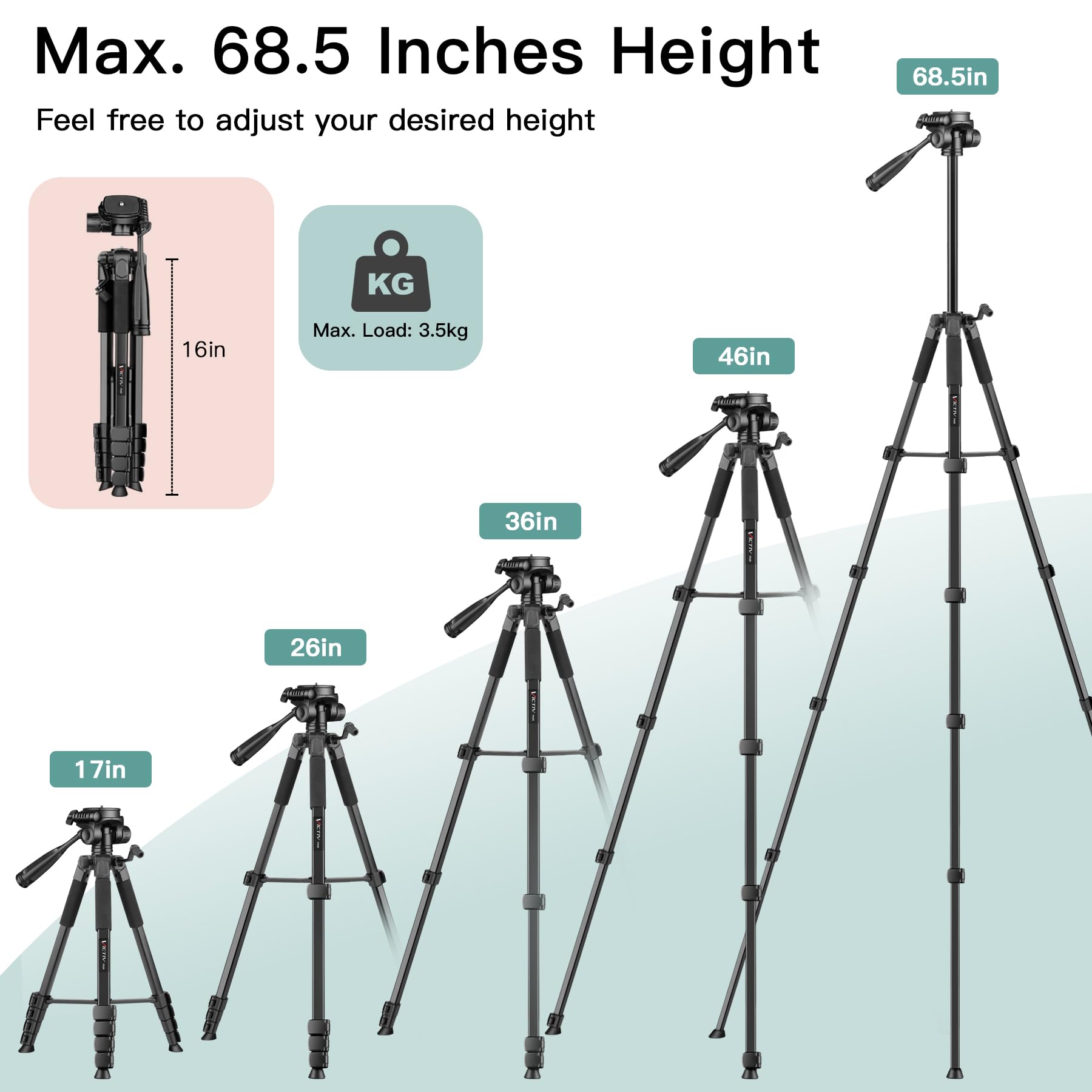 Victiv 2026 Nouveau Trépied Appareil Photo, 174cm Trépied Caméra en Aluminium, Plus Stabilité & Confort, Trépieds Smartphone pour iPhone, Samsung, Tripod Photo avec Tête 3 Voies pour Canon Nikon DSLR