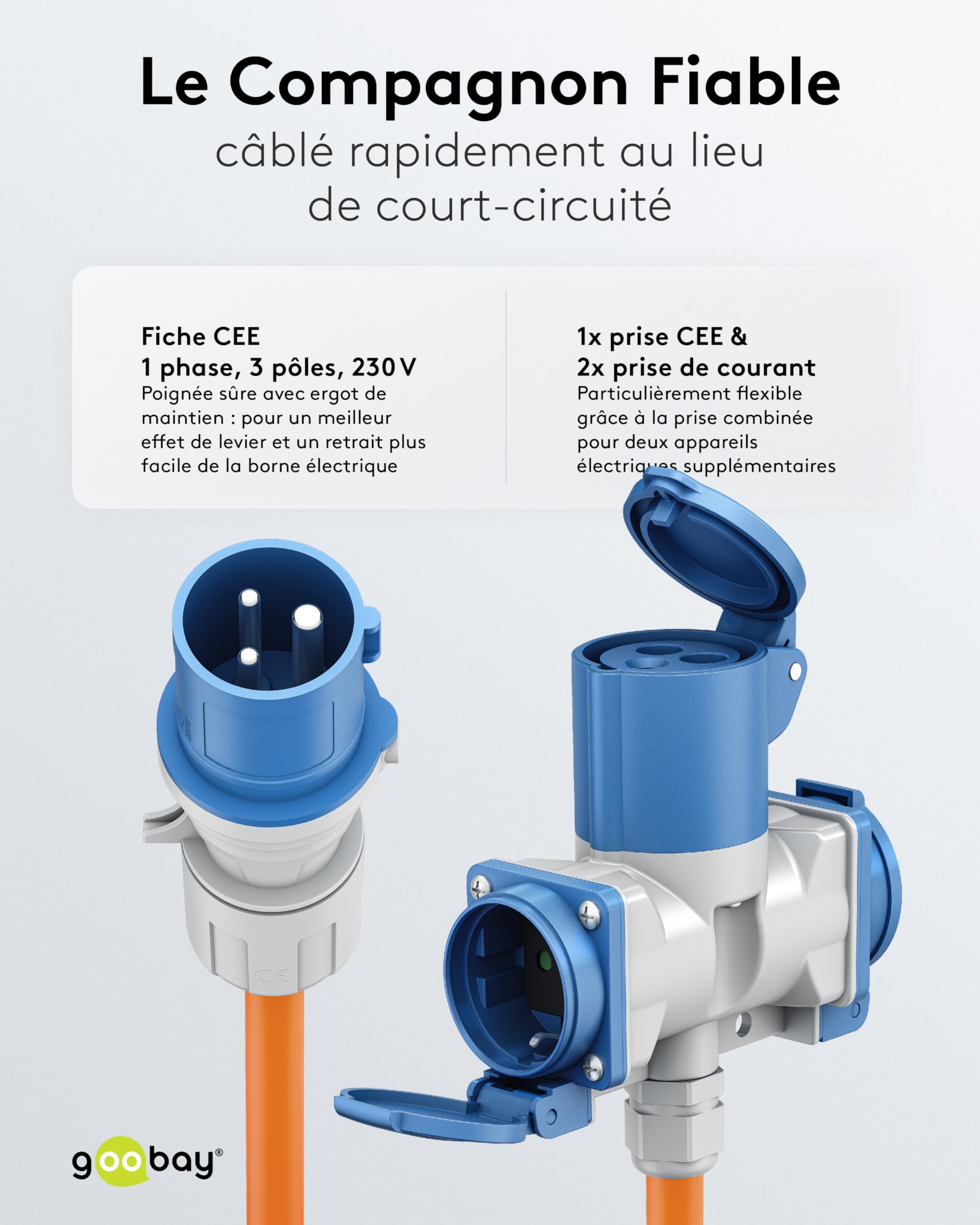 goobay Câble Adaptateur CEE pour Caravane, 10 m, Prise CEE vers 1 Prise CEE et 2 Prises avec Contact de Protection, IP 44, câble de Camping, Camping-Car et travaux 76266