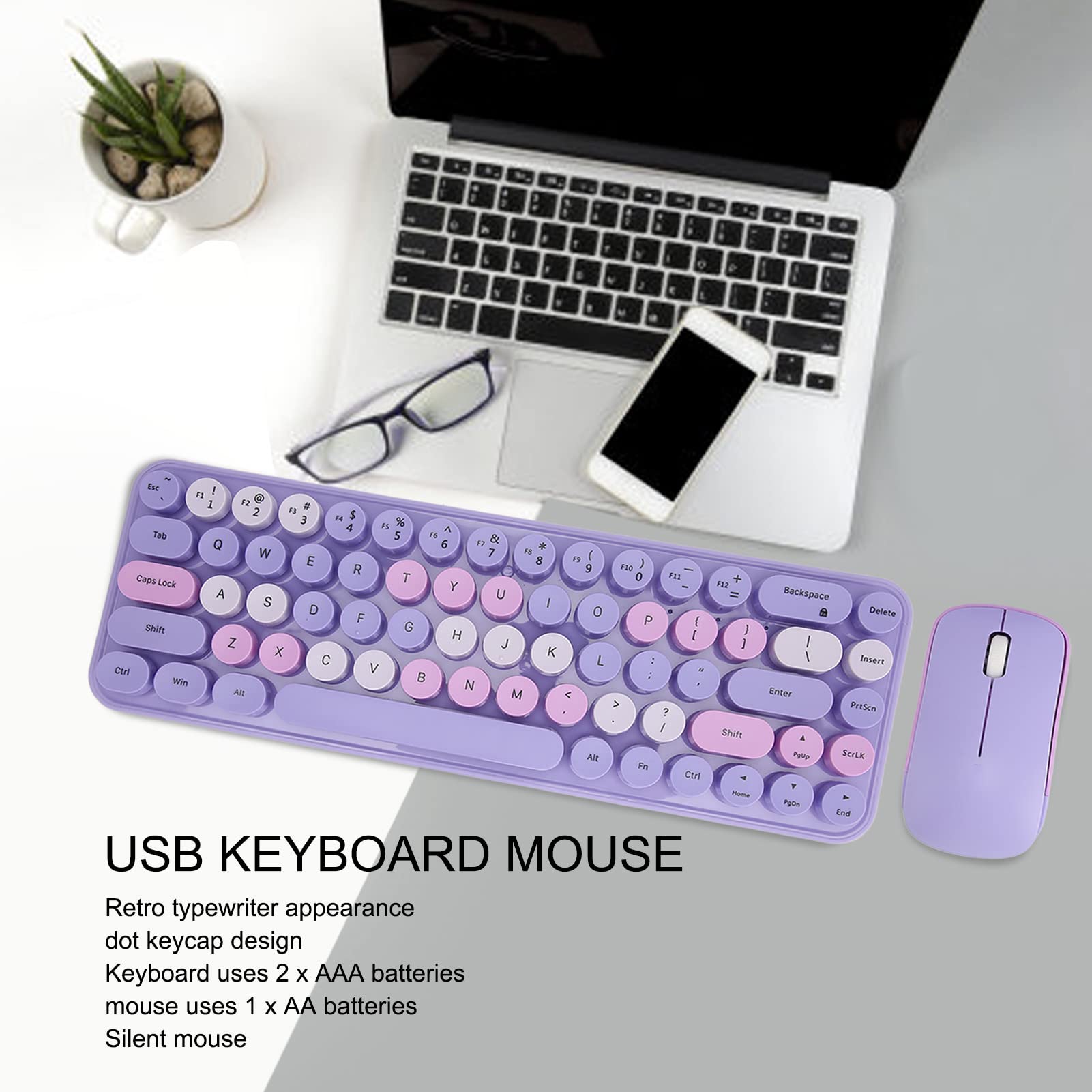 Luocute Combo Tastiera e Mouse Wireless, Design retrò Macchina da Scrivere 2.4G con Copritasti Dot e Mouse Silenzioso, 68 Tasti a Basso Consumo per PC Laptop Tablet (Tema viola)
