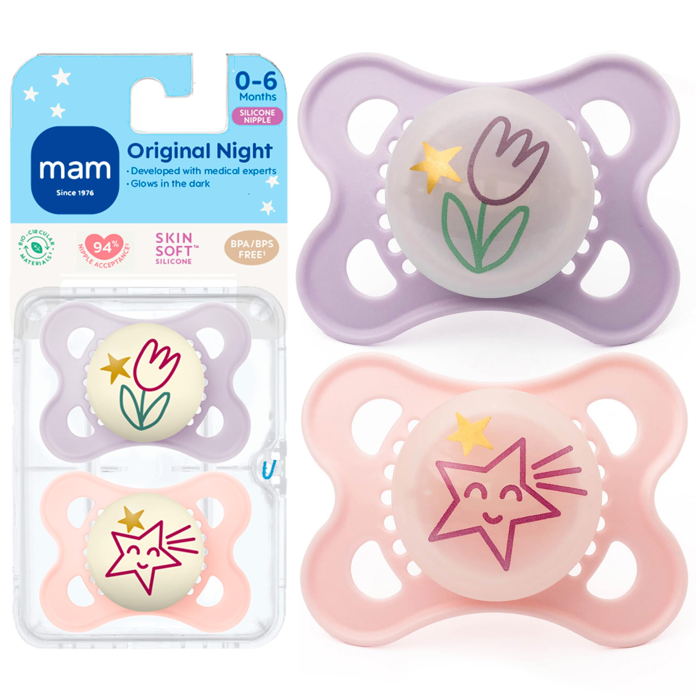 MAM Night Glow in the Dark Silicone Pacifier, Pink,0-6 Months, 2-Count