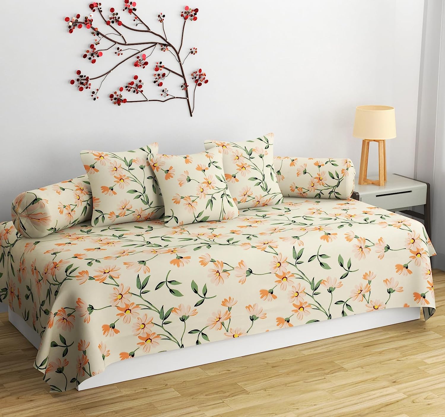 Premium Cotton 6 Pieces Diwan Cover Set with 1 Single Diwan Bedsheet, 2 Bolster Covers and 3 Cushions Cover | Pink (Cream Floral)-image-25
