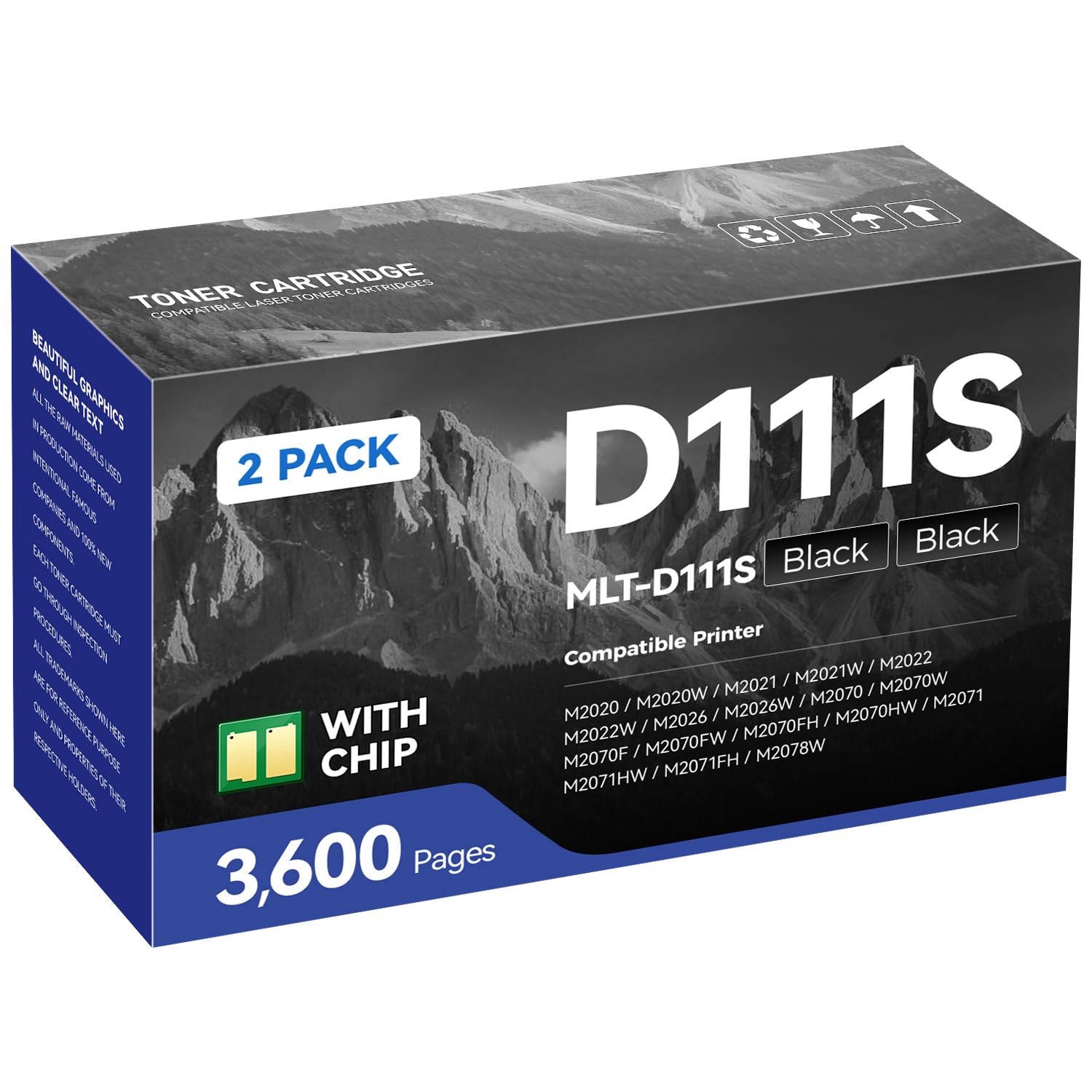 MLT-D111S Black Toner Cartridge 2-Pack High Yield Compatible for Samsung MLT-D111S 111S MLT111S D111S for Samsung Xpress M2020W M2070FW M2070W M2020 M2024W M2074FW M2070F M2022 M2026 M2070 Printer Ink
