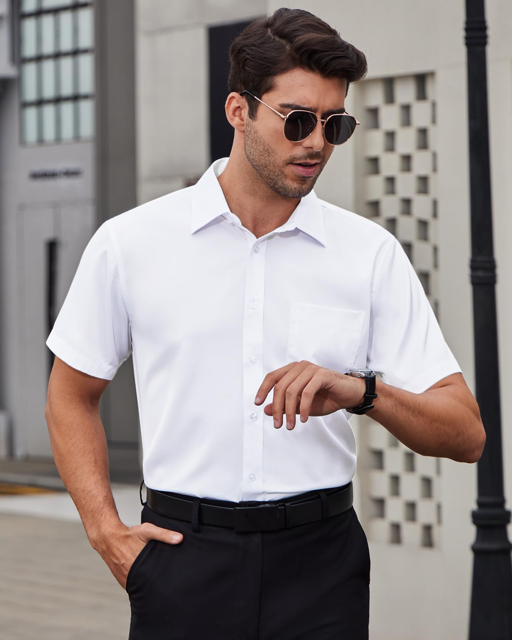 Alimens & Gentle Hemd Herren Kurzarm Bügelfrei Sommer Business Freizeithemden Regular Fit Strand Outdoor Männer Herrenhemd mit Tasche