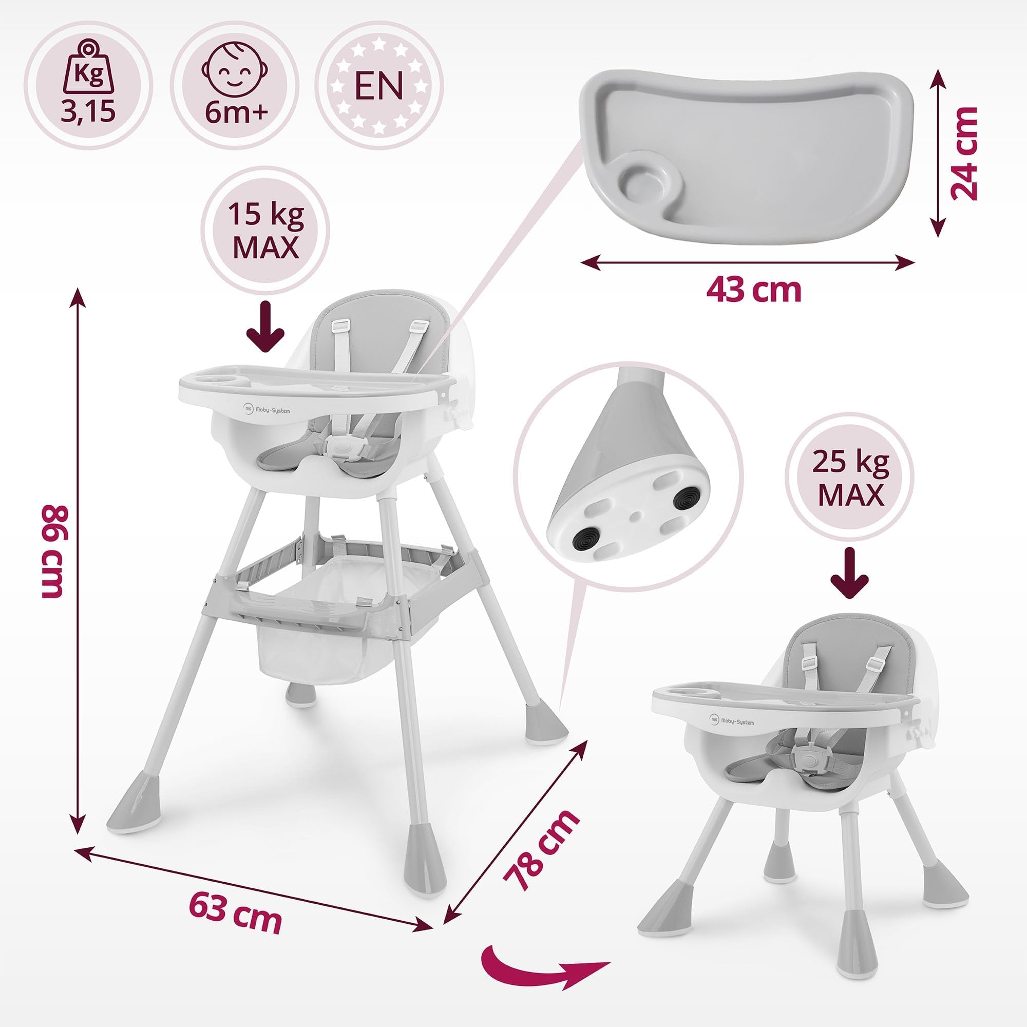 Moby-System Chaise Haute Réglable Magnolia 2en1 Grise Similicuir Dès 6 Mois