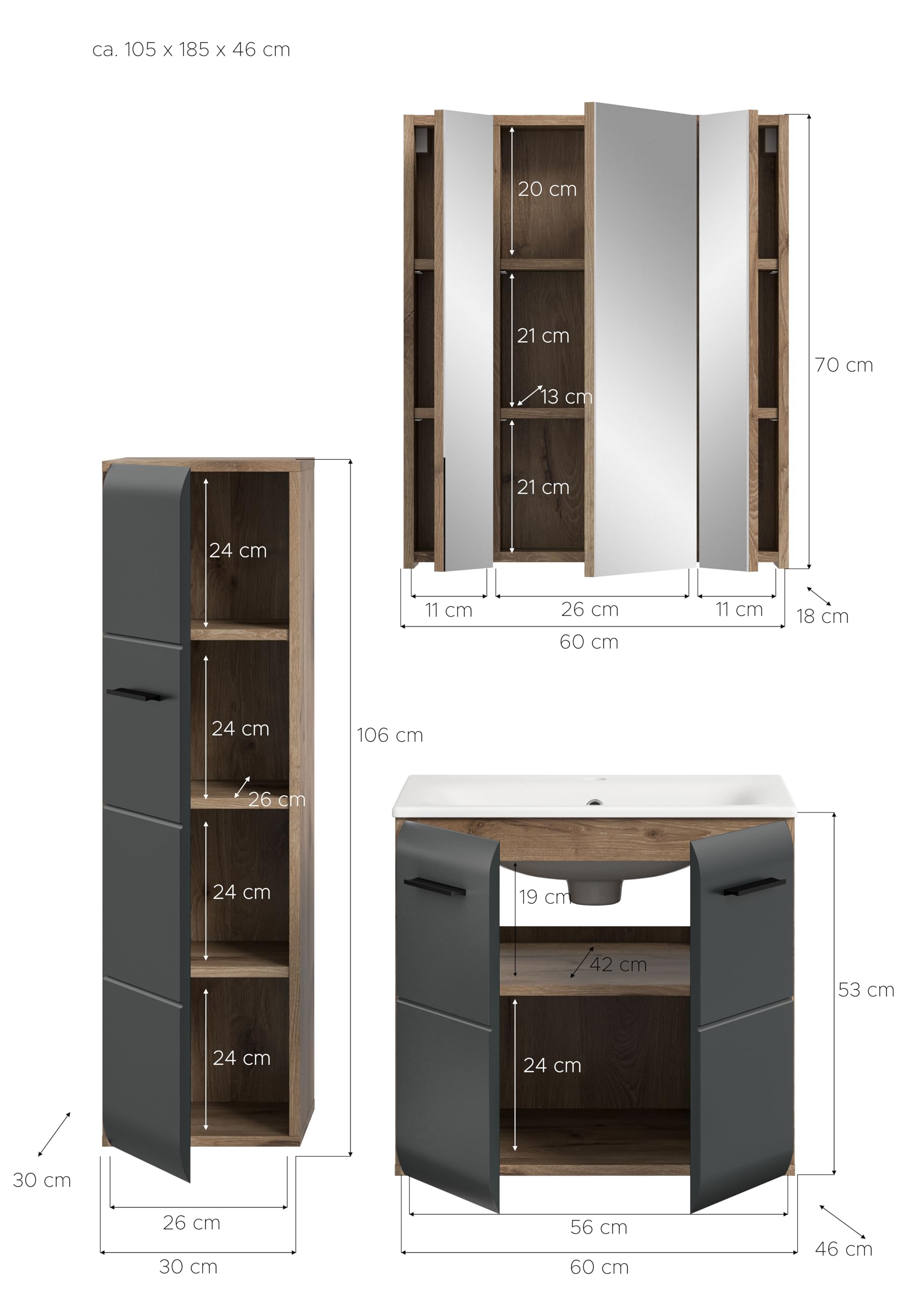 xonox.home – 3 TLG. Badmöbel Kombination Ice 105x185x46 cm in Korpus Nox Oak Nachbildung und Front schwarz matt – Platzsparendes Badezimmermöbel-Set in modernem Hochglanz-Look – Bild 4