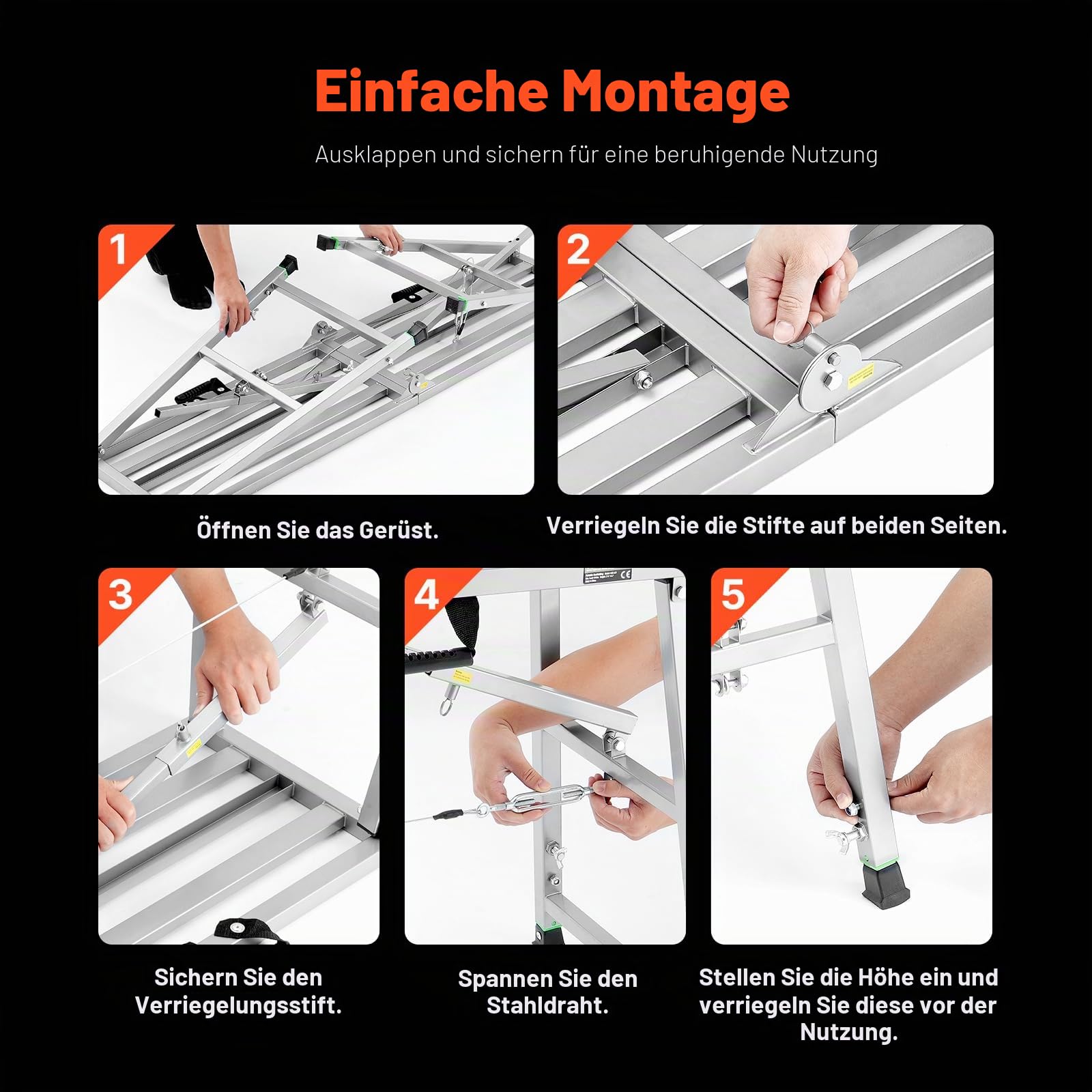 VEVOR Arbeitsplattform 900-1500 mm, zusammenklappbare Trittleiter aus legiertem Stahl, tragbare Arbeitsbühne, Tragkraft 400 kg, Trittbank Hocker zum Malen von Trockenbauwänden, Reinigen, Waschen