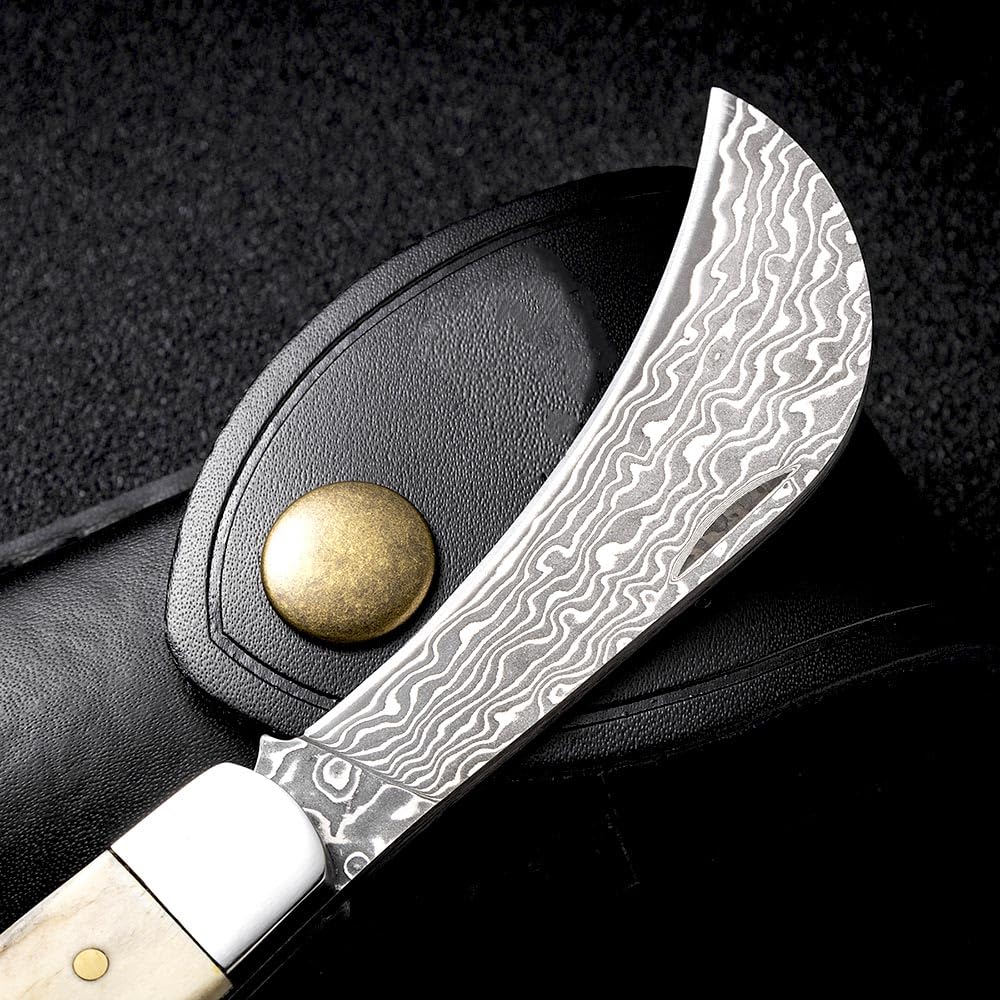 Klappmesser Edc Klein Taschenmesser damast Outdoor aus Natur geweih Neck knife geschmiedet Damaszener Stahl messer Survival Camping Jagdmesser Einhandmesser Scharfe, Damaskus faltmesser, Leder Holster