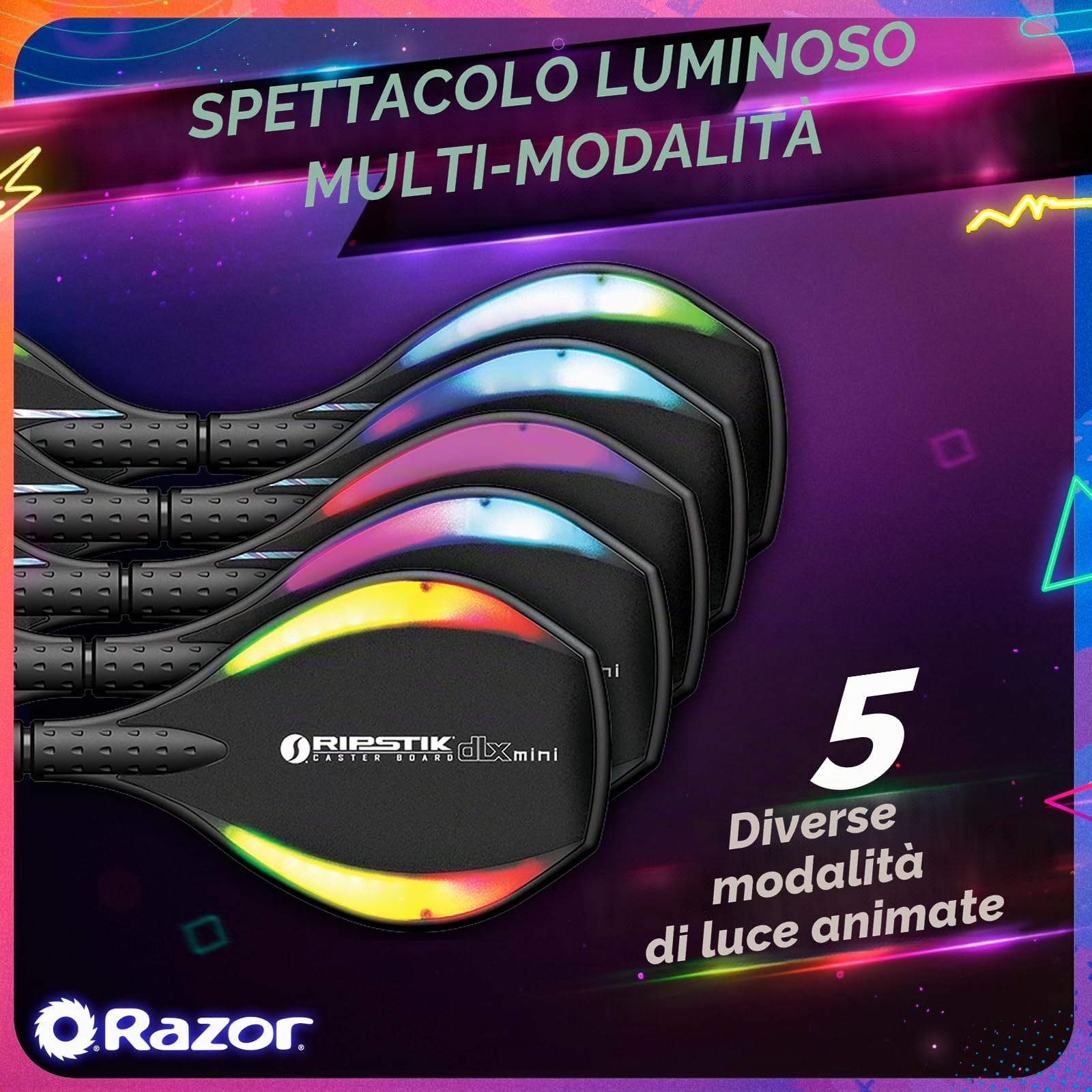 Razor Ripster Lightshow Waveboard - Tavola a Rotelle per Bambini Dagli 8 anni in su con Sterzo a 360°, Ponte Luminoso Attivato dal Movimento, 5 Modalità di Luce, Antiscivolo - Nero