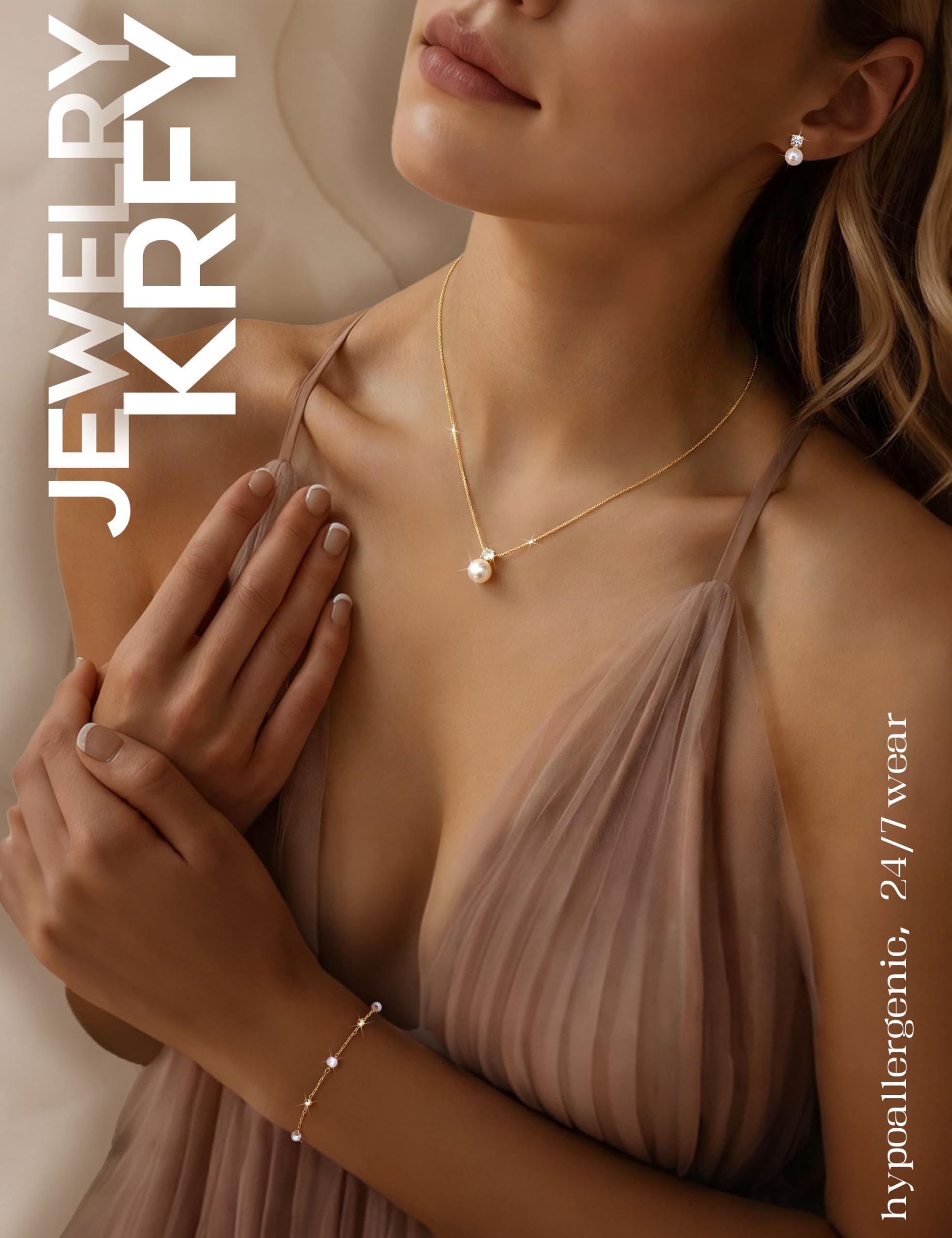 Krfy Schmuck Set Damen Gold Silber Schmuckset Edelstahl Perlen Halskette Armbänder Ohrringe Silberschmuck Kubik Zirkonia Bogen Damenkette Armband Ohrstecker Perlenkette Schmuck Damen