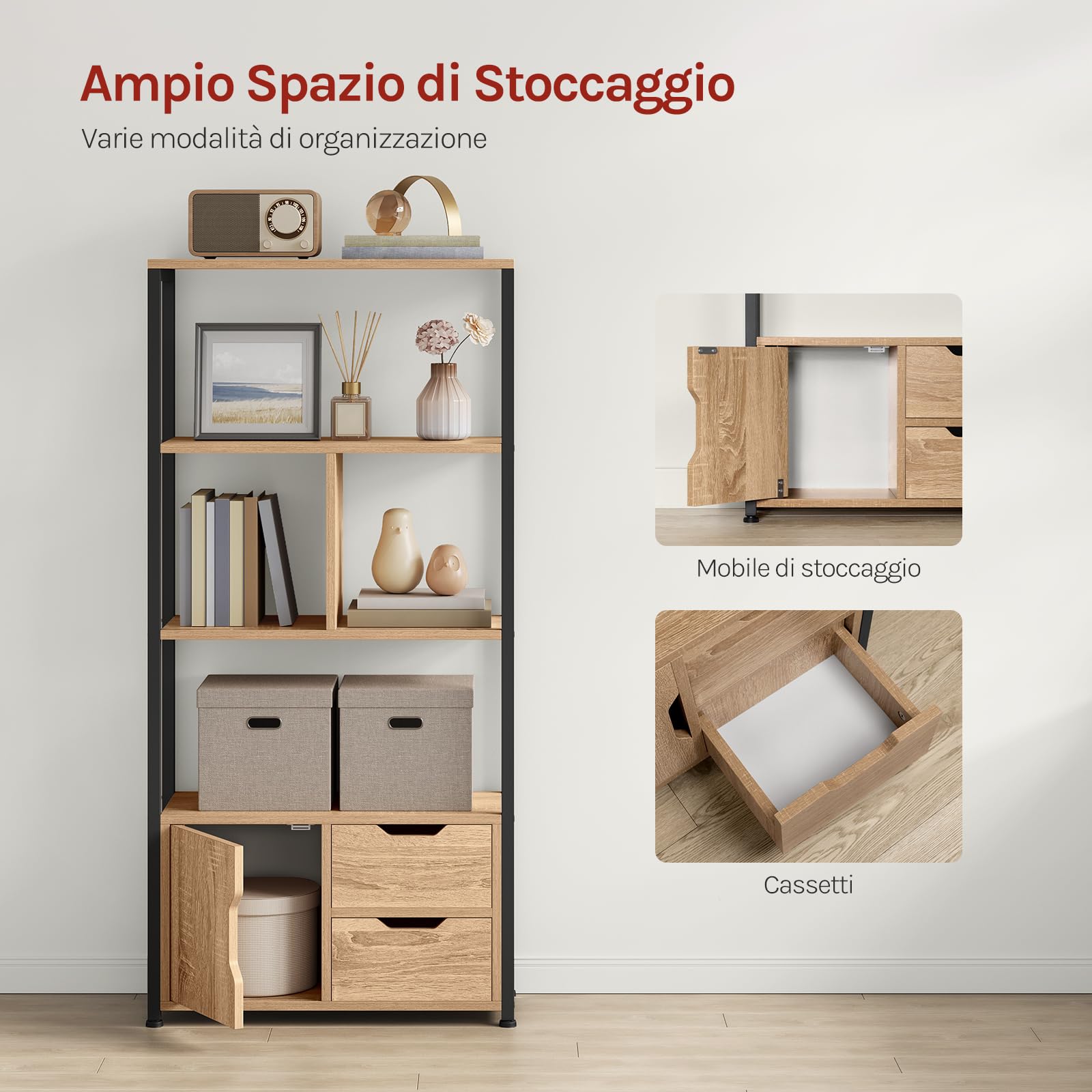 WOLTU Libreria Moderna Design, 58 x 24 x 122 cm, Scaffale per Libri CD | con Cassetti e Ante, in Legno e Metallo, Rovere Chiaro