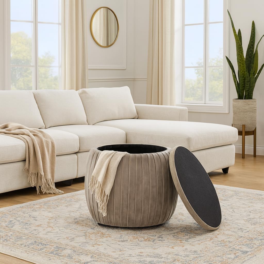 Home Decor Vanity Chair – Stylish Pink Ottoman with Storage – Bedroom Stool and Foot Rest Ottoman – Upholstered Seat with Hidden Storage for Modern or Classic Décor Living Room Furniture – 18", Brown