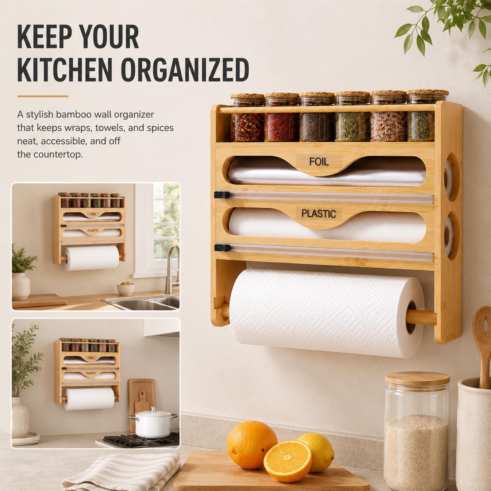 Distributeur de film avec cutter, porte-rouleau de cuisine mural en bois