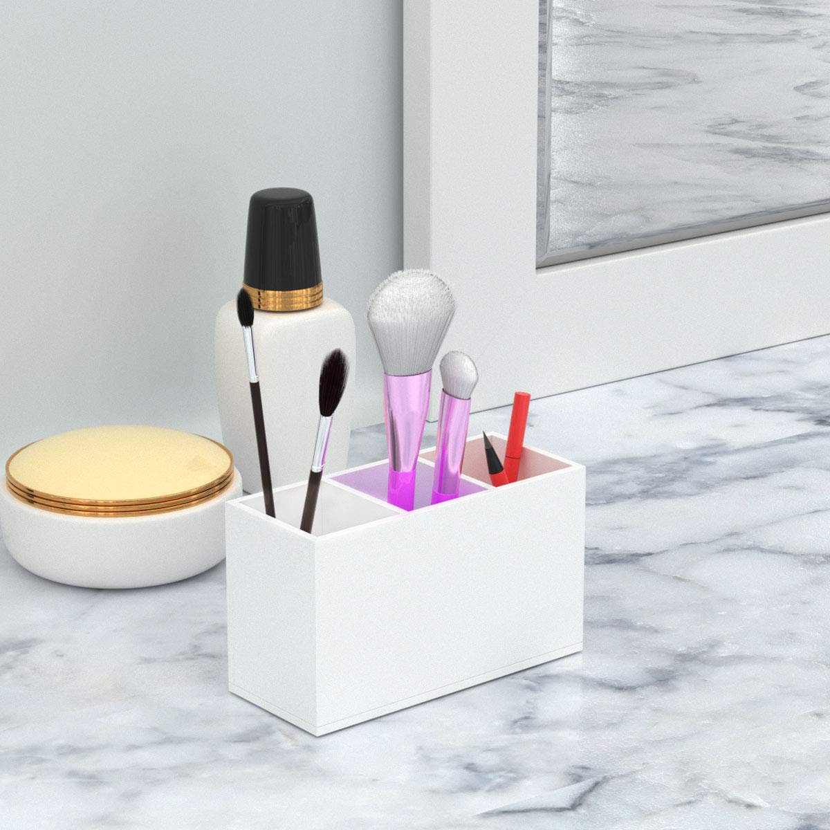 NIUBEE Soporte acrílico para bolígrafos, 3 compartimentos, organizador de lápices blanco para almacenamiento de accesorios de escritorio