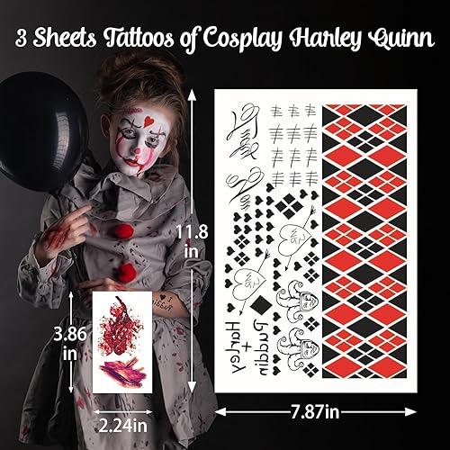 Miniatura 3 de 13 hojas de tatuajes temporales HQ de Joker para hombres y mujeres, escuadrón suicida, tatuajes temporales falsos de Halloween, realistas para