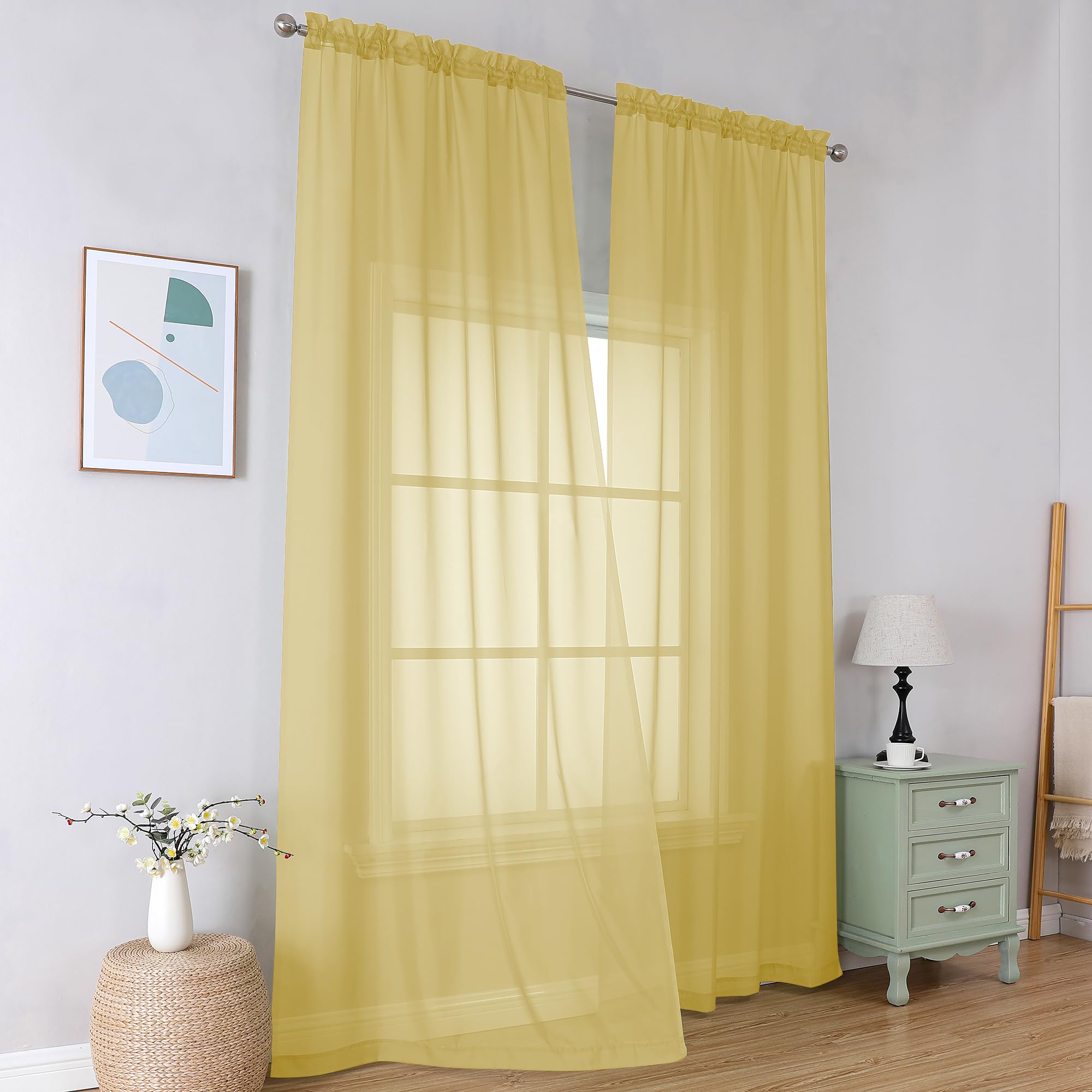 Simplebrand Yellow Sheer Curtains 96 Inches Long 2 Panels for Living Room