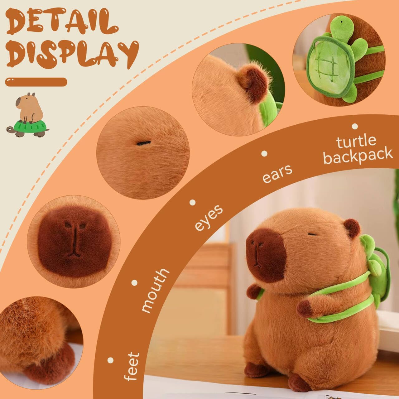Capybara Stuffed Animals Plushies,Adorable Capybara Plush Toy with Removable Turtle Backpack,Soft Squishy Pillow Doll Toy,Unique Birthday Gifts for Kids Adult