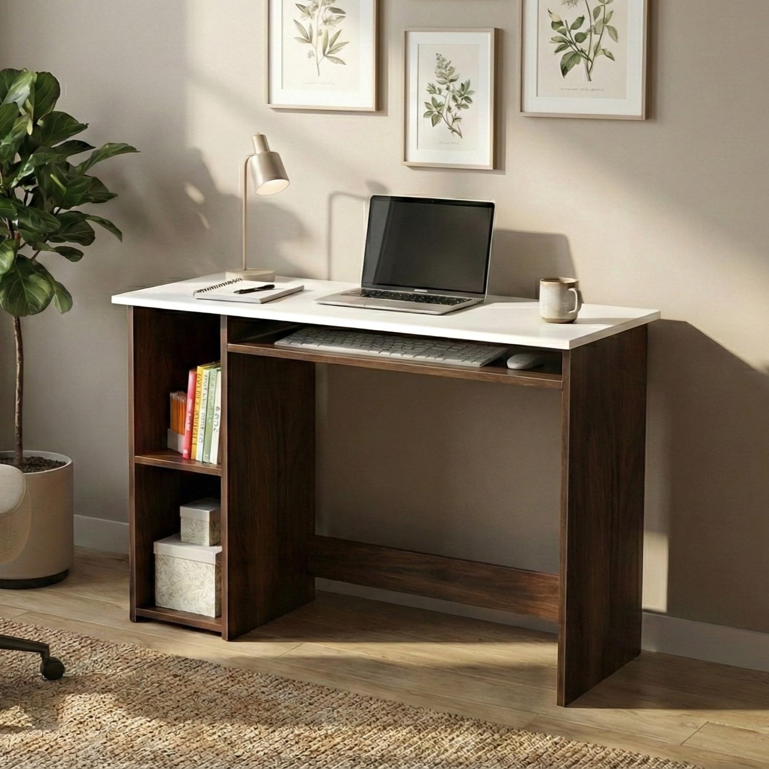 Morrty Engineered Wood Study and Computer Laptop Table for Home or Office, WFH Desk with Storage Shelves for Adults Kids Students (Classic Brown & White, with Keyboard Slider)-image-6
