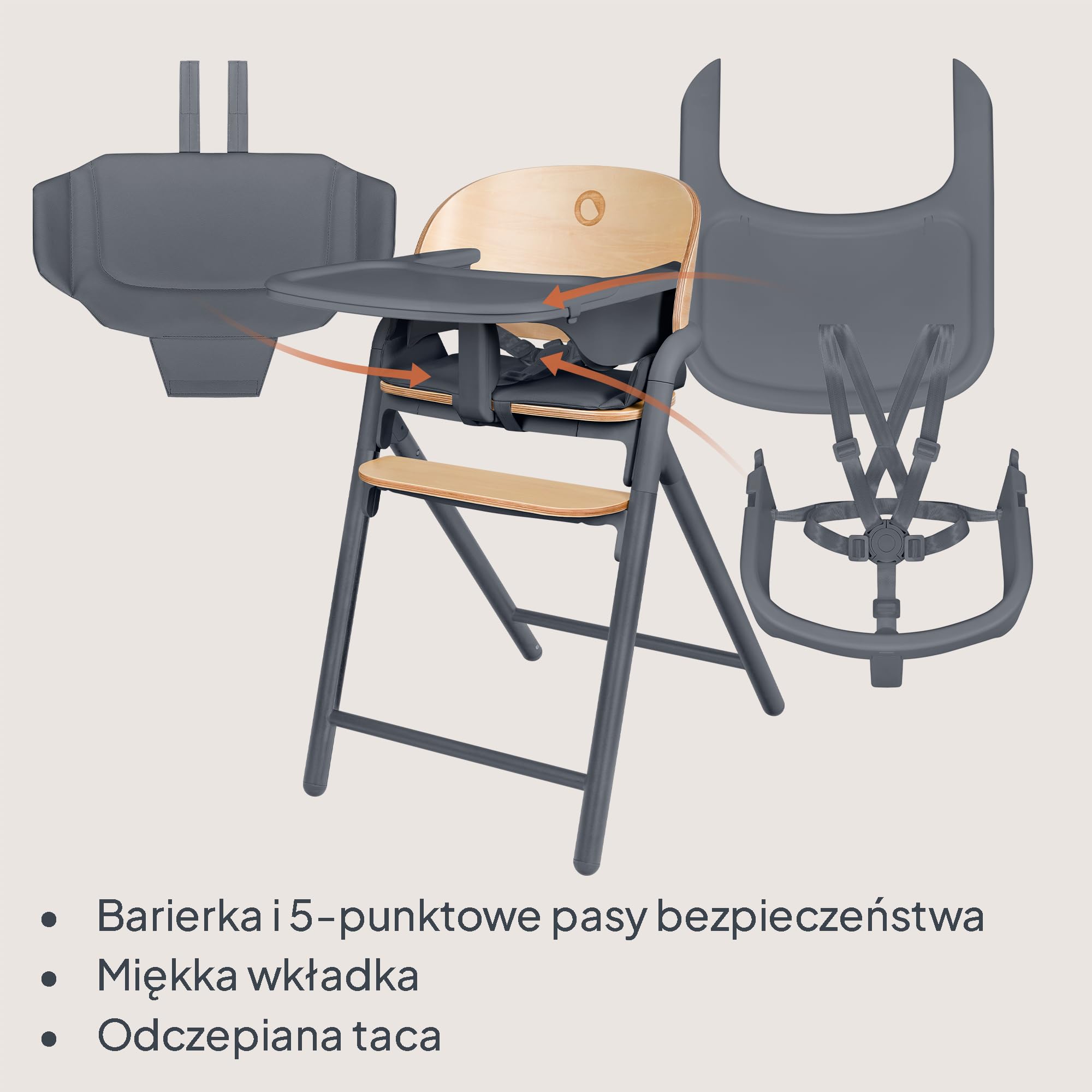 LIONELO Drewniane Krzesełko do Karmienia Celia, Rośnie z Dzieckiem od 6 miesięcy do 90 kg, Regulowany Podnóżek, 5-Punktowe Pasy, Poduszka na Siedzisko, Łatwe Czyszczenie
