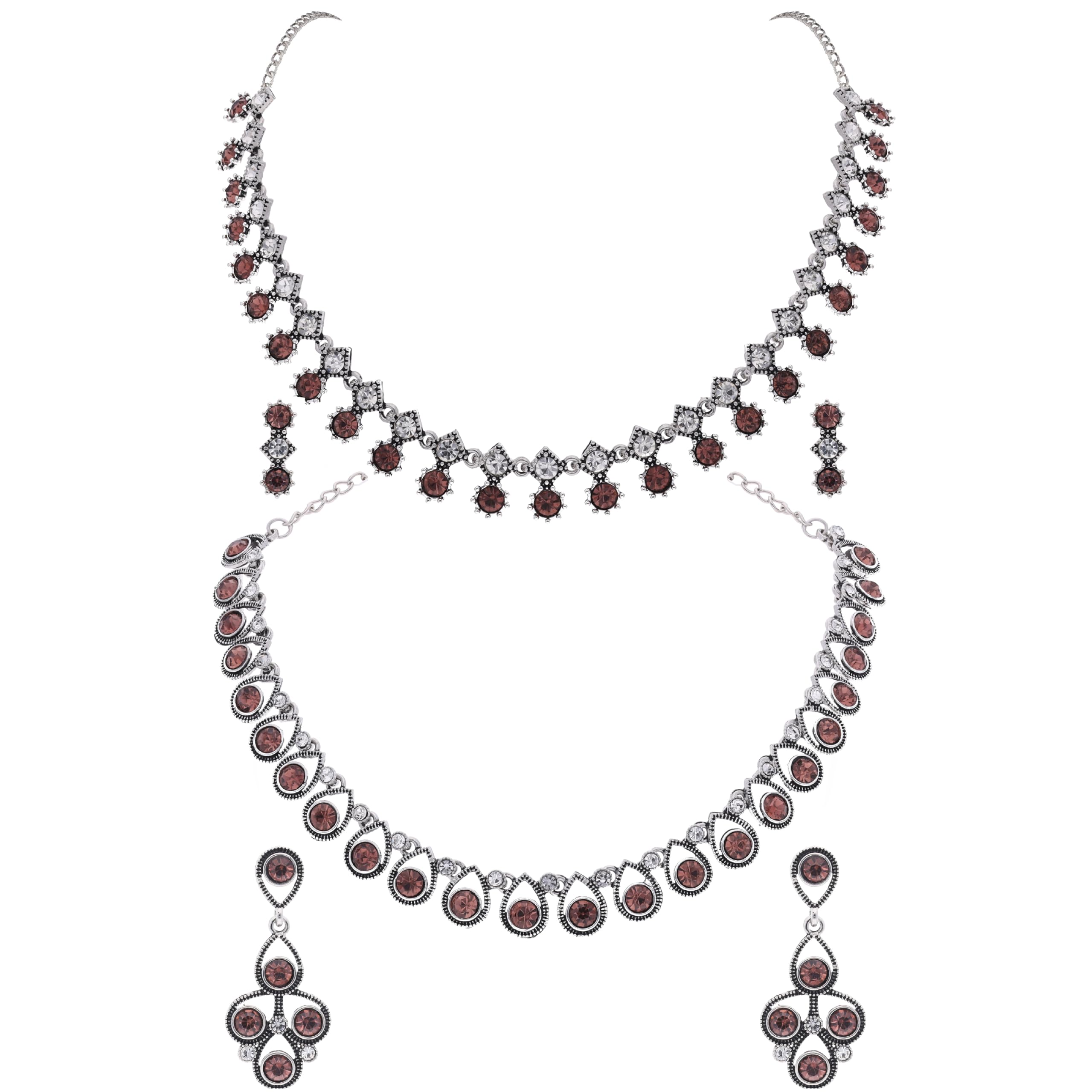 Brado Jewellery Pack of 2 Oxidised Silver Polished American Diamond Studded Necklace with 1 pair of Earring Choker Jewelry set for Women and Girls (SLR - Brown - Brown) (B0CM38YHQT) Amazon Price History, Amazon Price Tracker