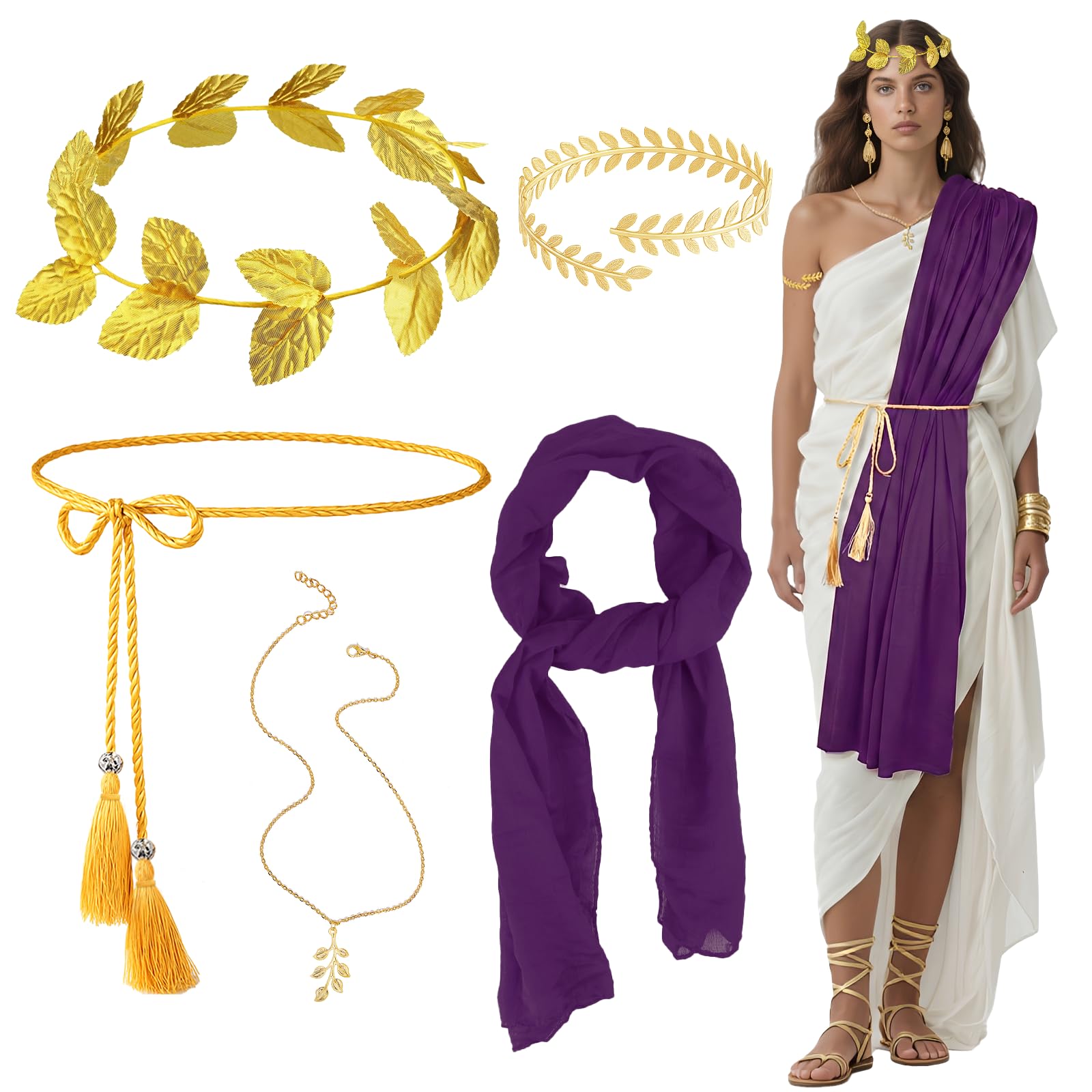 5 Pcs Greek Goddess Costume Accessories Set for Women Girls, Ancient Roman Toga Fancy Dress with Belt Red Sash Golden Leaf Headpiece Bracelet Necklace for Party Bridal Wedding Halloween (Purple)