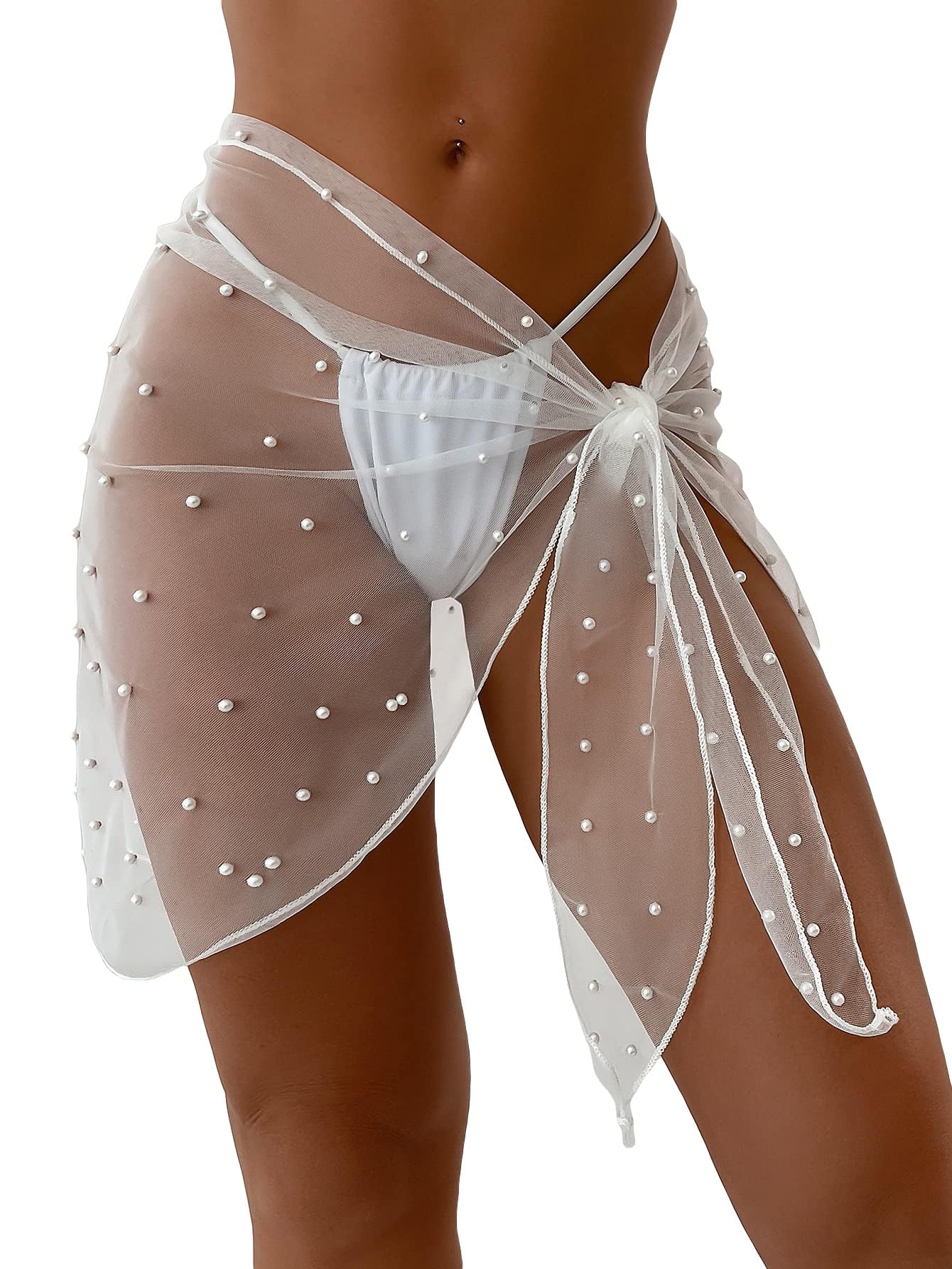 GORGLITTER Womens Cover Up Sarong Wrap Skirt Bachelorette Outfits for Bride Sheer Mesh Bridal Swimsuit Pearl Bathing Suit