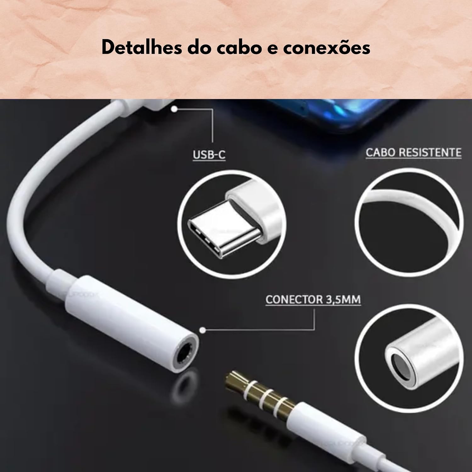 Adaptador Para Fone de Ouvido USB C Conector P2 P3 3.5mm Chip DAC Integrado Universal Celular Smartphone