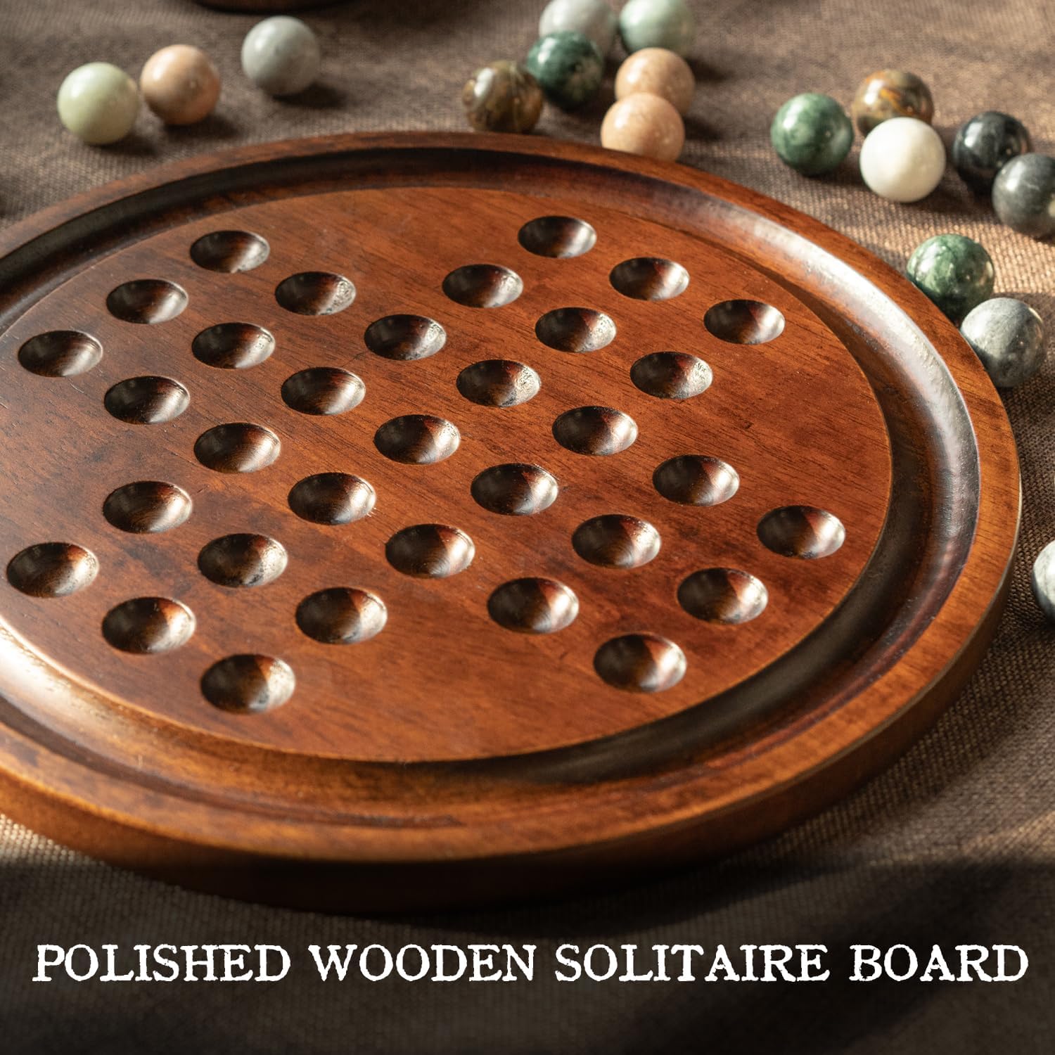 Deluxe Solitaire Game Set: 12.6'' Solid Wooden Board, 32 Natural Marble Balls, Single-Player Strategy and Smart Games