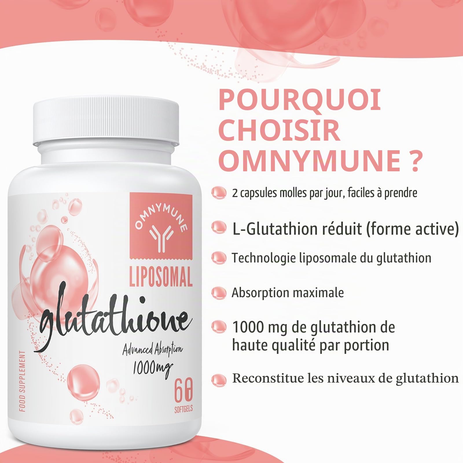 Glutathion Liposomal 1000 mg avec Vitamine C et Acide Hyaluronique – L-Glutathion Réduit, 120 Gélules, Sans Gluten, Sans OGM