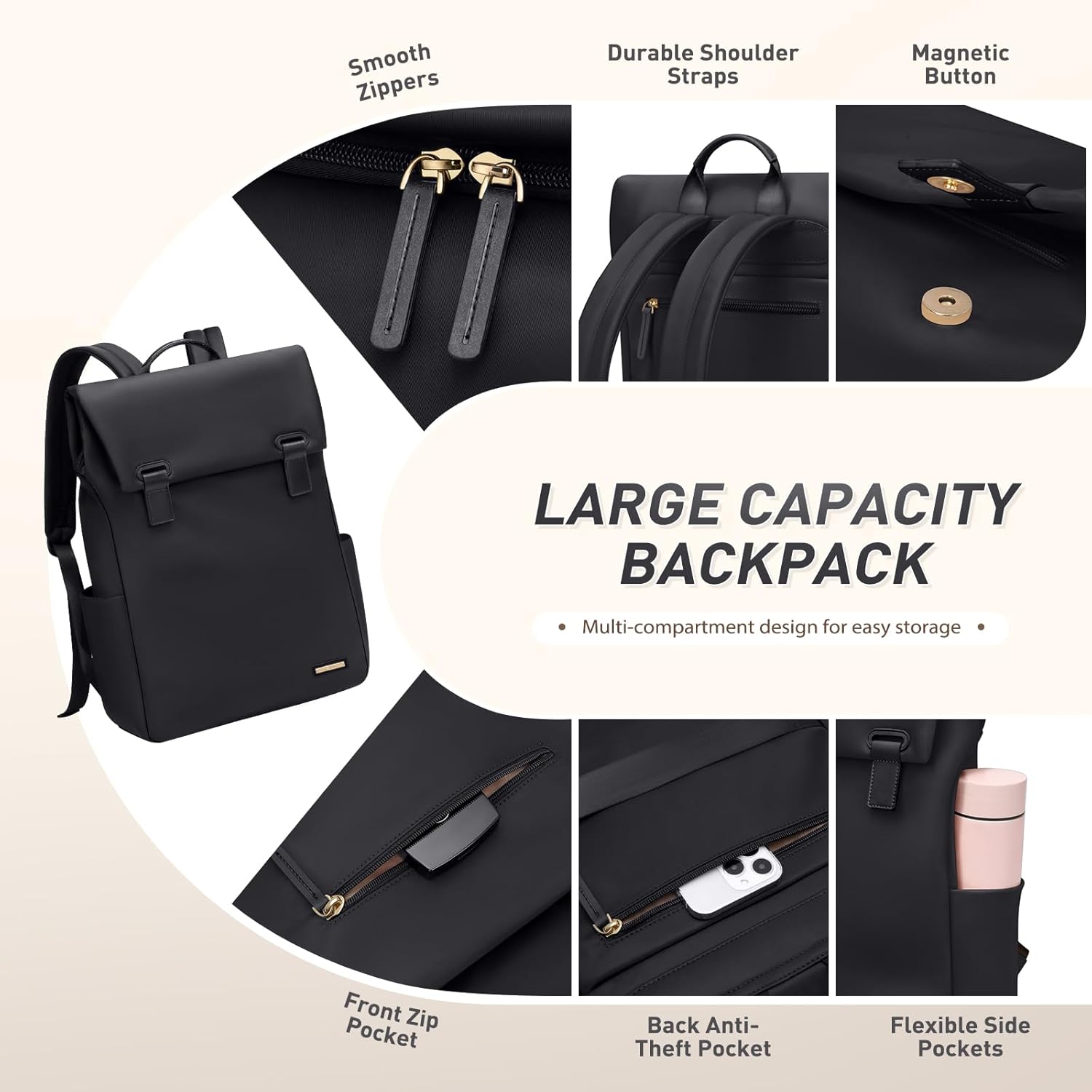 Women Laptop Backpack Computer Backpacks Carry On Waterproof backpack Fits 14Inch Notebook Travel Commute College (Black)