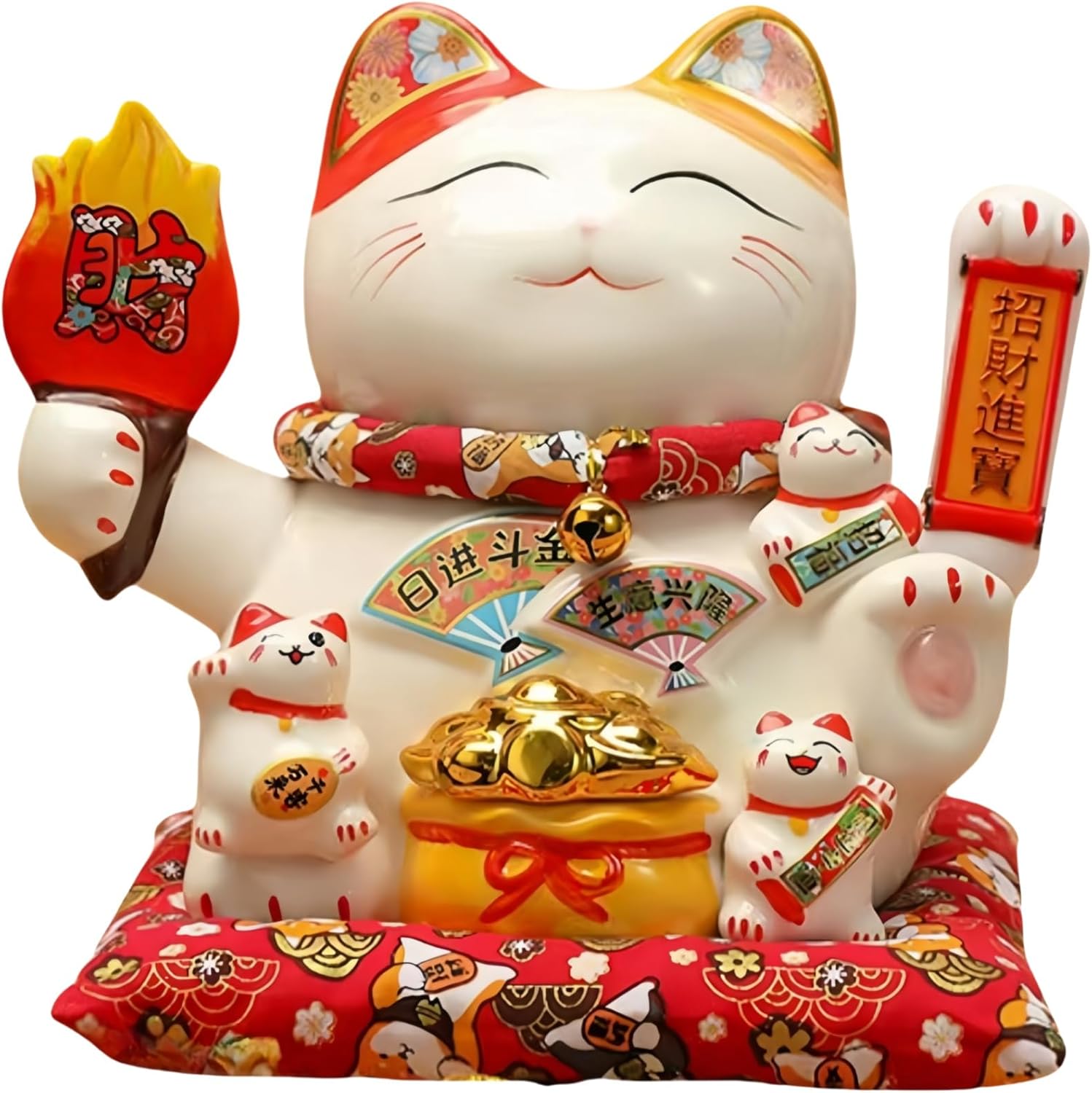 Chinese Lucky Cat Waving Arm Statue Ceramic Maneki Neko Money Fortune Cat Decorations for Store Company Opening, Office, Cash Register, Desk Decor (9")
