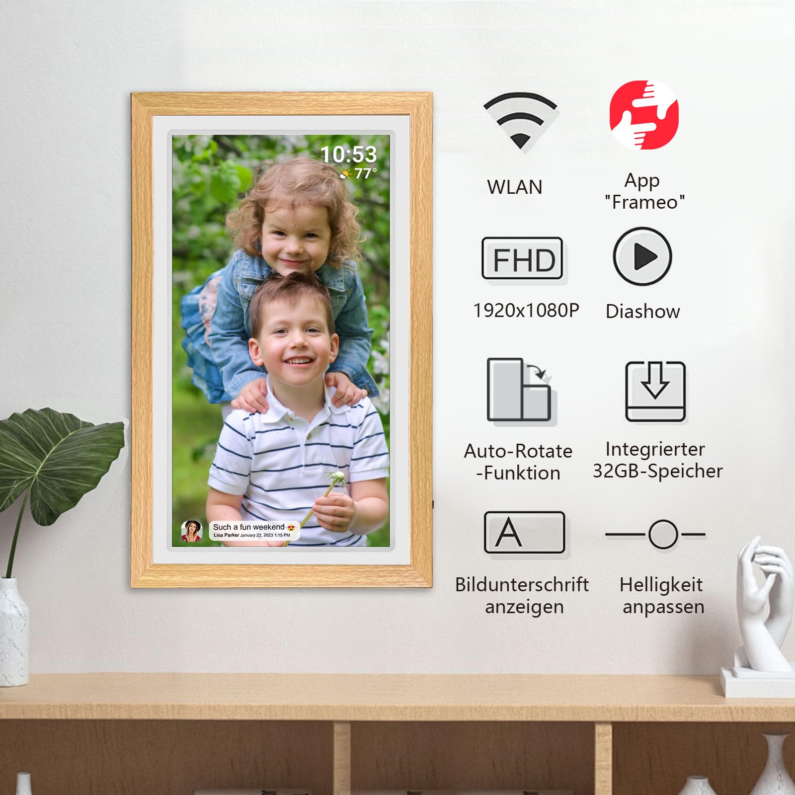 FRAMEO Cyfrowa ramka na zdjęcia 21,5 cala z ekranem dotykowym LCD 1920 x 1080 FHD IPS, Dual WiFi do dzielenia się chwilami za pomocą aplikacji Frameo, pamięć 32 GB, możliwość rozszerzenia za pomocą