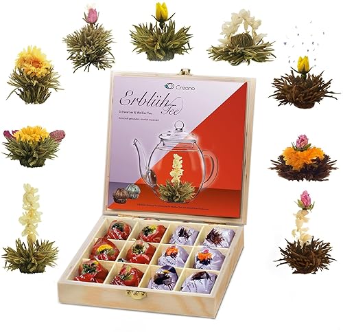 Creano Té floreciente Abloom Tea Juego de regalo de té floreciente en elegante caja de té de madera 12 piezas, mezcla de té blanco y negro, un