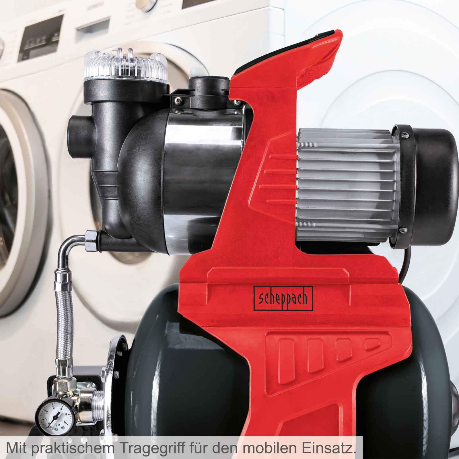 Scheppach Hauswasserwerk HWW1000 Brunnenpumpe | Fördermenge 4300 L/h | Leistung 1000W | Kesselinhalt 19L | Förderdruck 1,5 bis 4,4 bar | Förderhöhe 44m | Ansaughöhe 7m