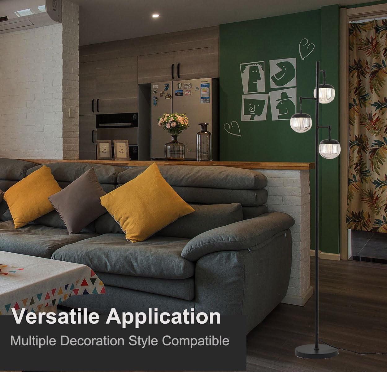 Fiqevs Mid Century Modern Floor Lamp with LED Bulbs, 3 Globe Standing Lamp with 3 Ribbed Clear Orb Shades, Black Tall Lamp for Living Room Bedroom Office